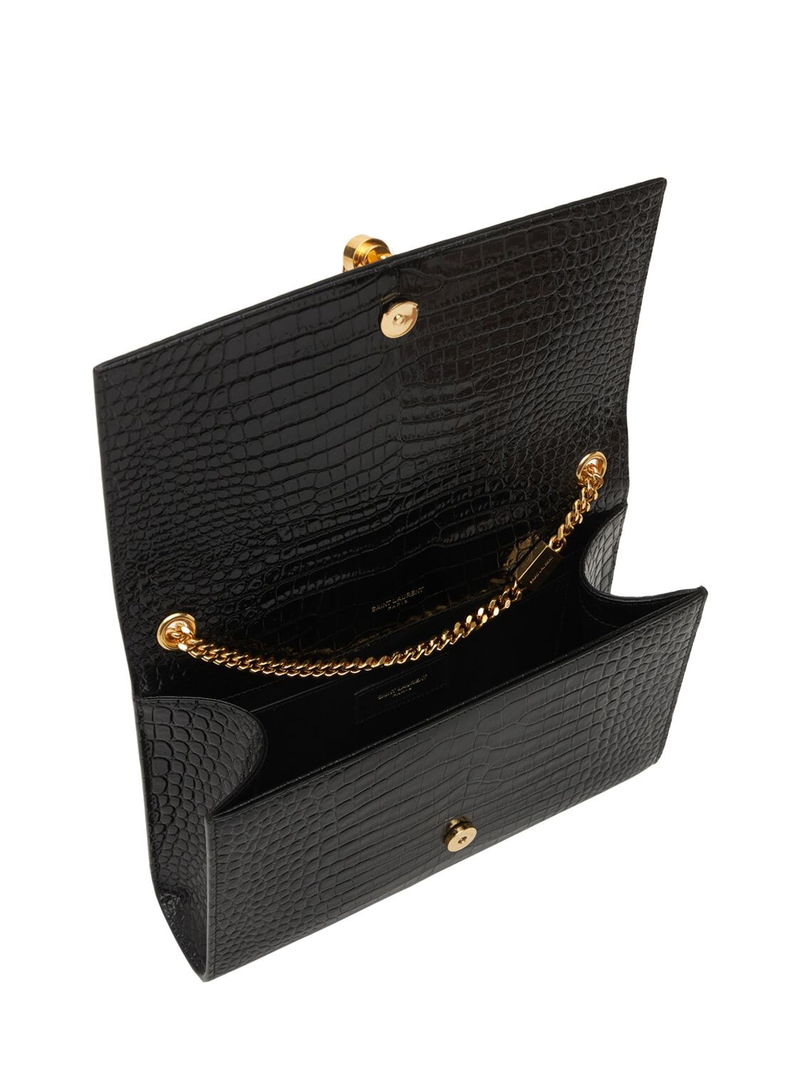 Shop Saint Laurent Medium Kate Croc Embossed Leather Bag In Black