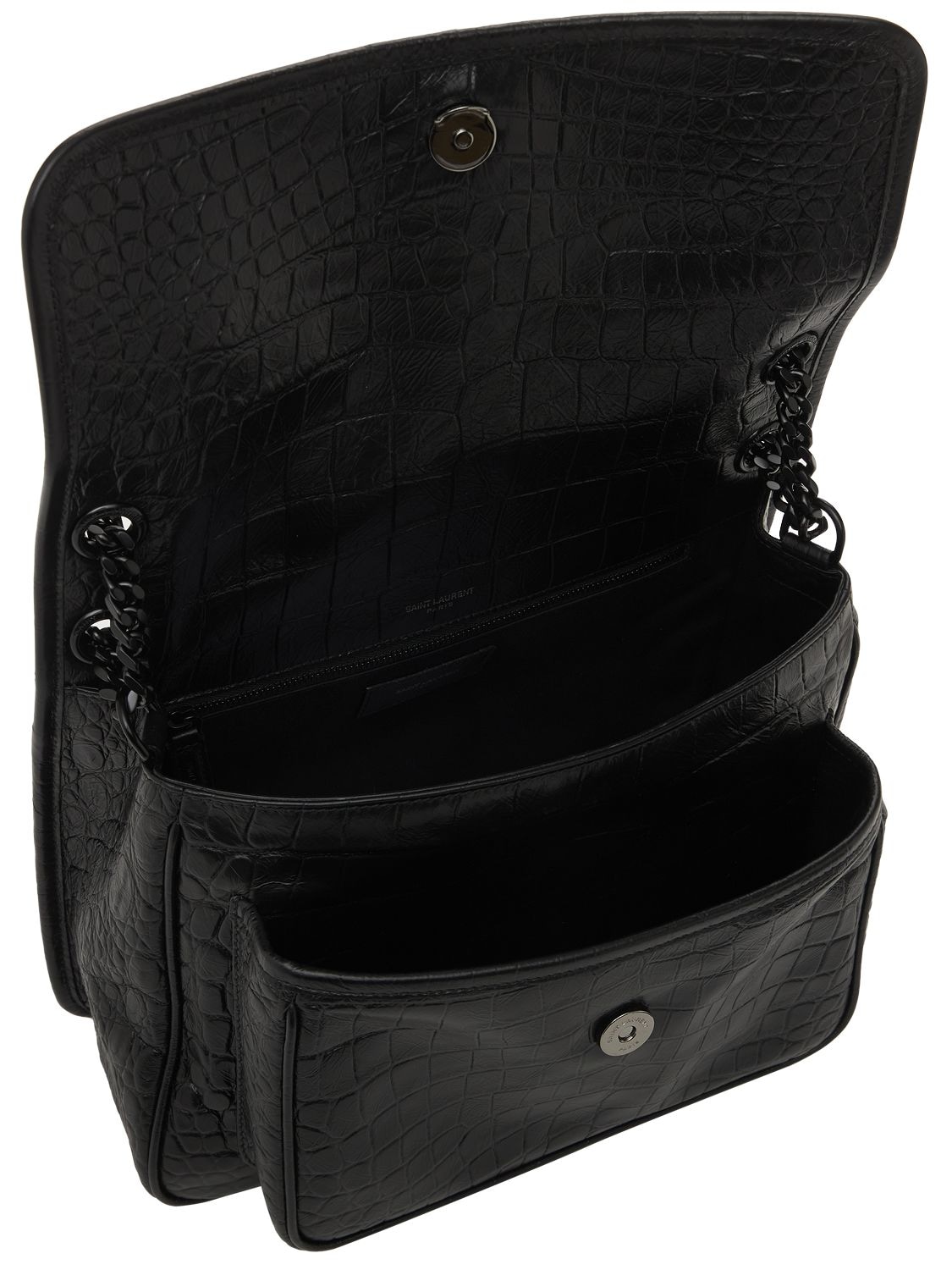 Shop Saint Laurent Medium Niki Croc Embossed Leather Bag In Black