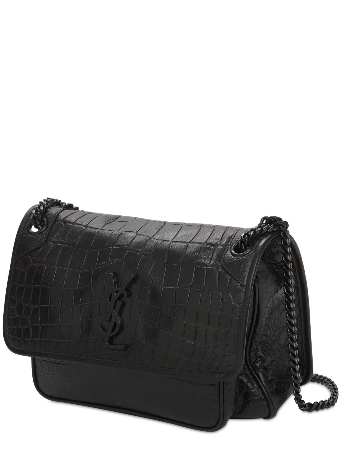 Shop Saint Laurent Medium Niki Croc Embossed Leather Bag In Black