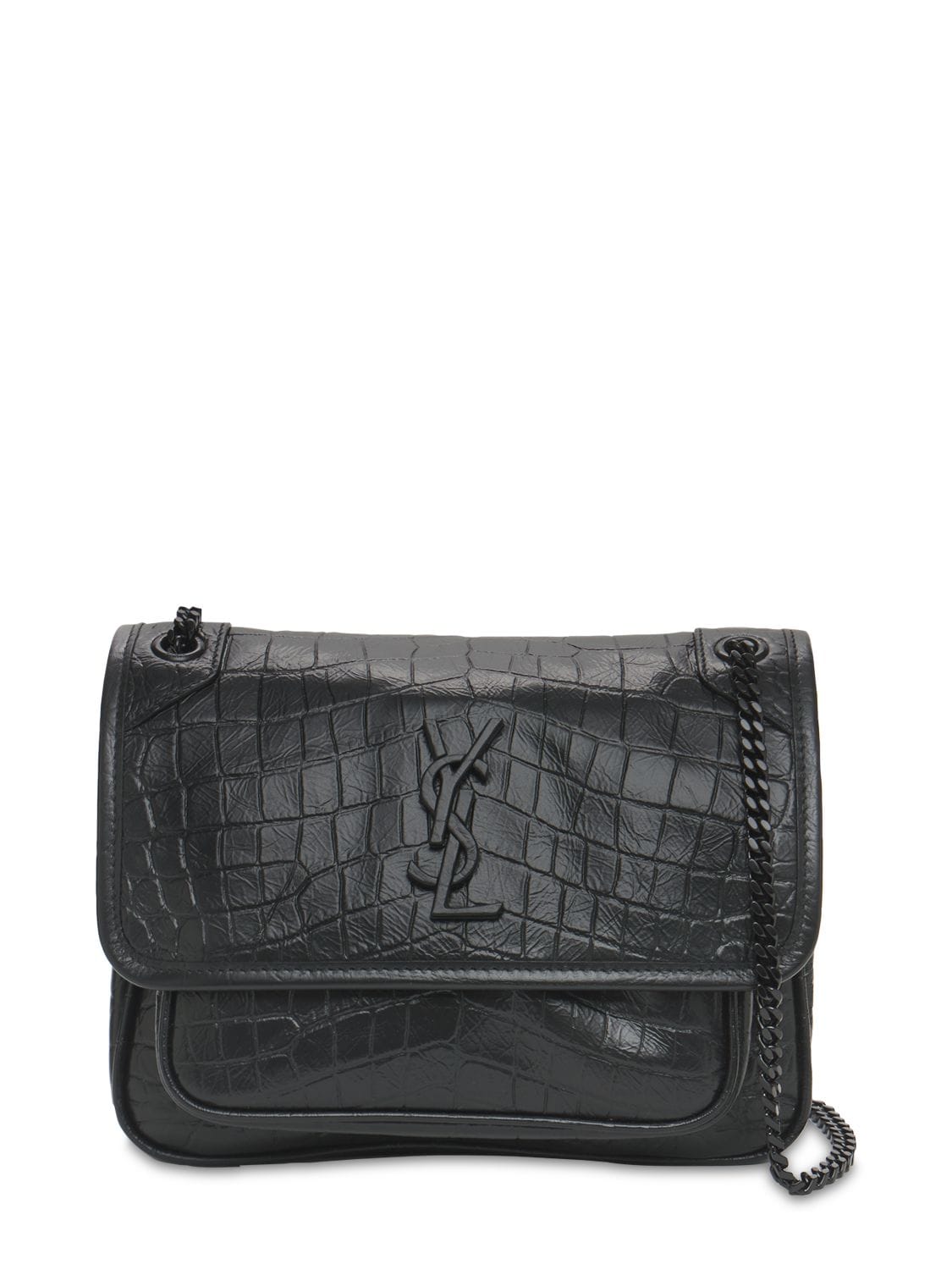 Saint Laurent Baby Niki Croc Embossed Leather Bag In Black