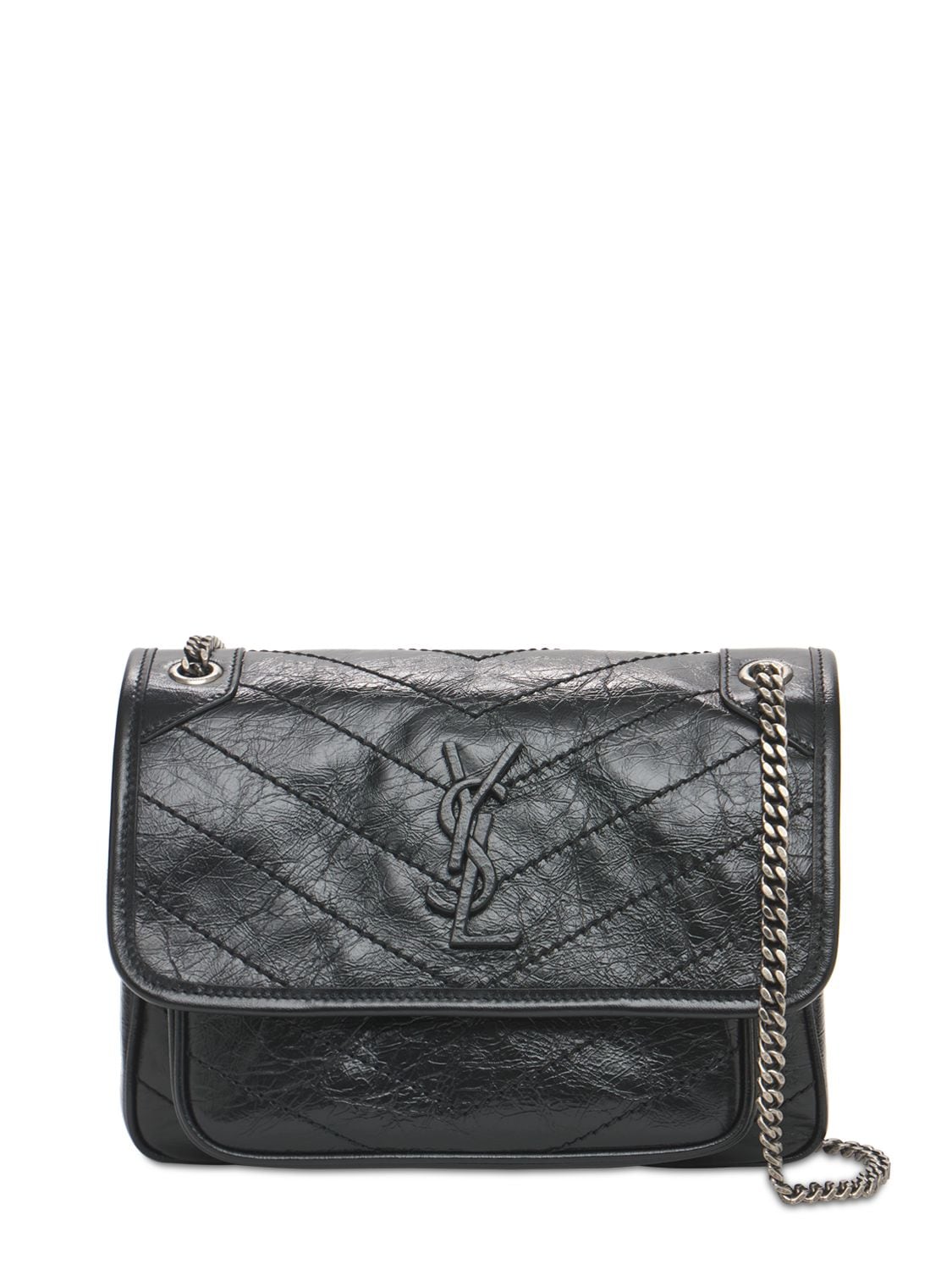Saint Laurent Niki Monogram Crinkled Leather Bag In Black