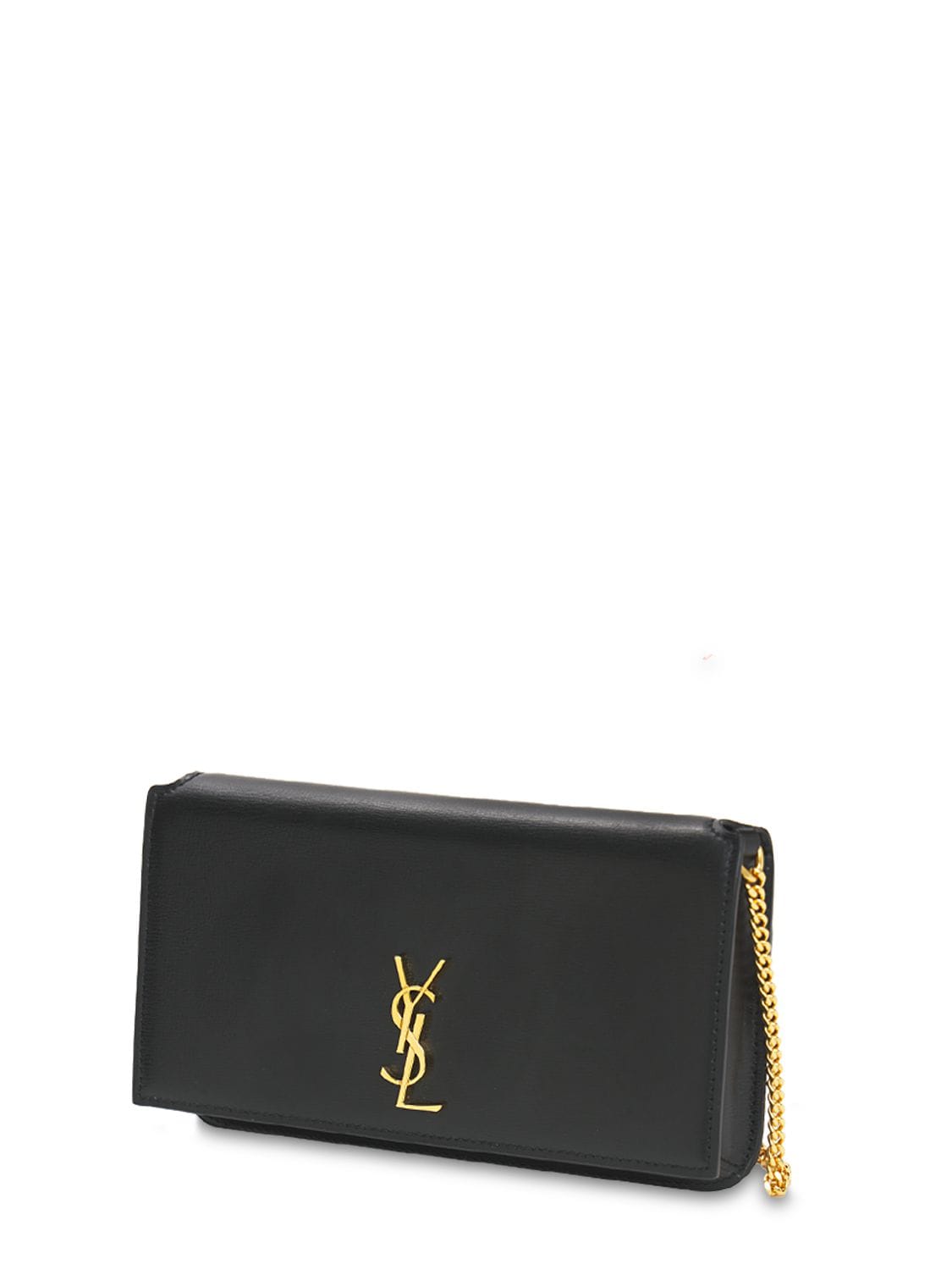 Shop Saint Laurent Monogram Leather Phone Holder W/strap In Black