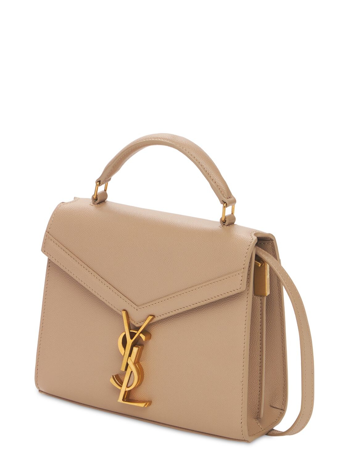 Shop Saint Laurent Mini Cassandra Leather Top Handle Bag In Dark Beige