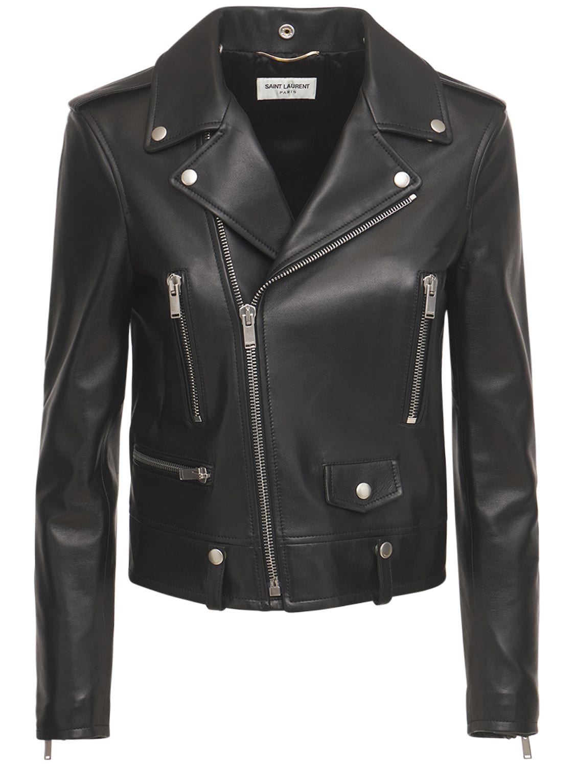 Saint Laurent Printed Leather Biker Jacket In Black | ModeSens