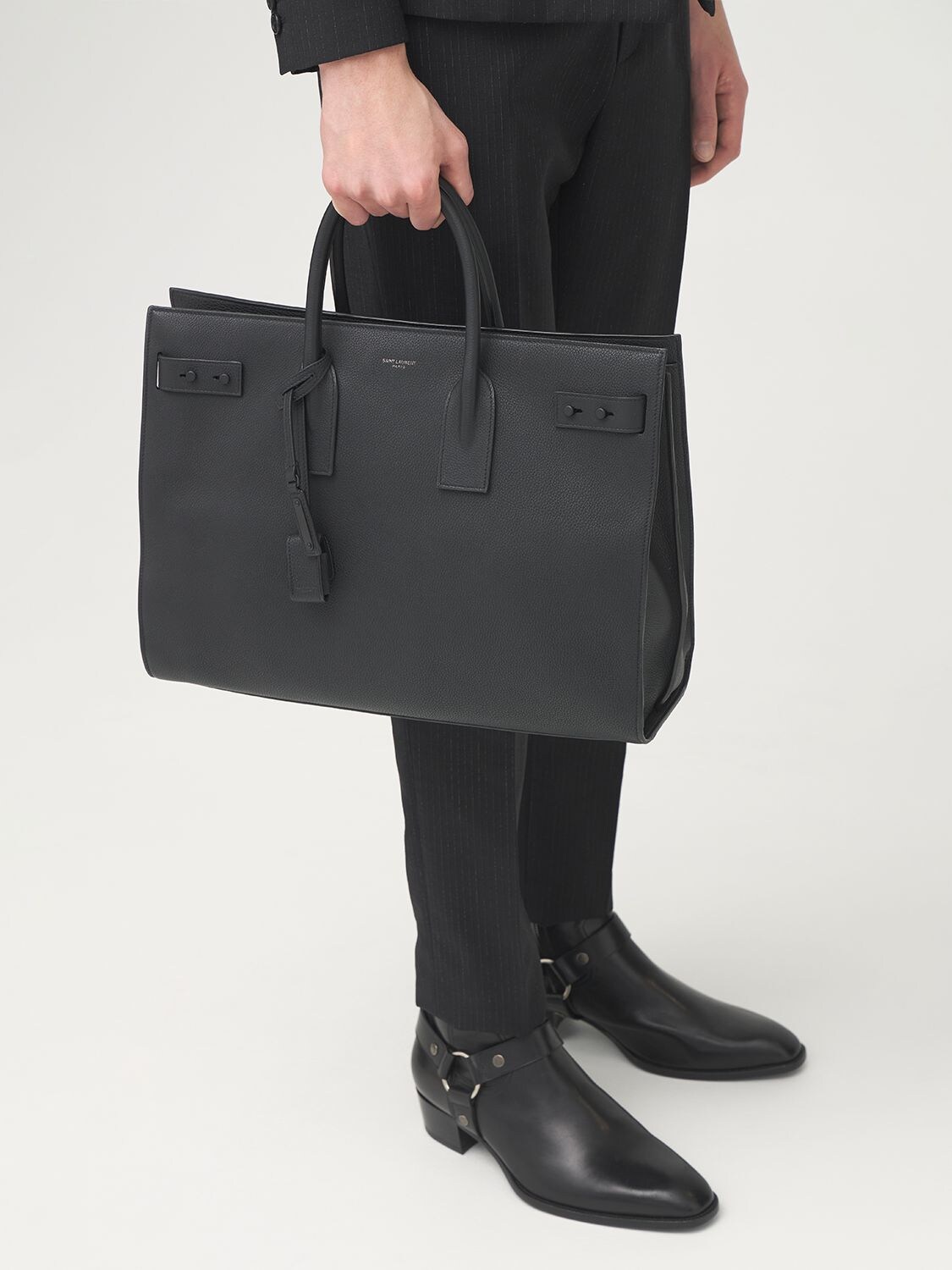 Shop Saint Laurent Logo Leather Tote Bag In Black