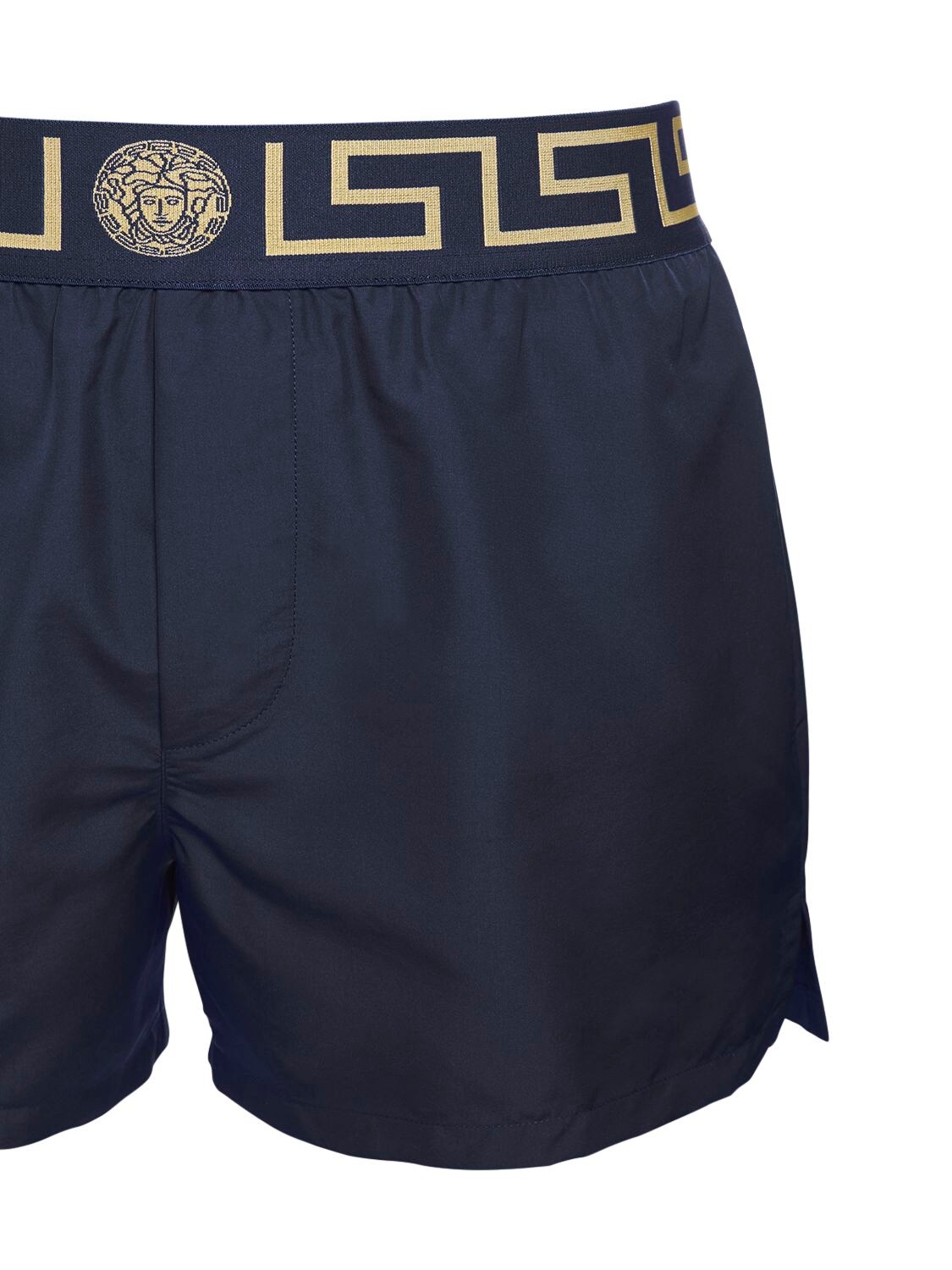 Shop Versace Monogram Waistband Tech Swim Shorts In Royal,gold