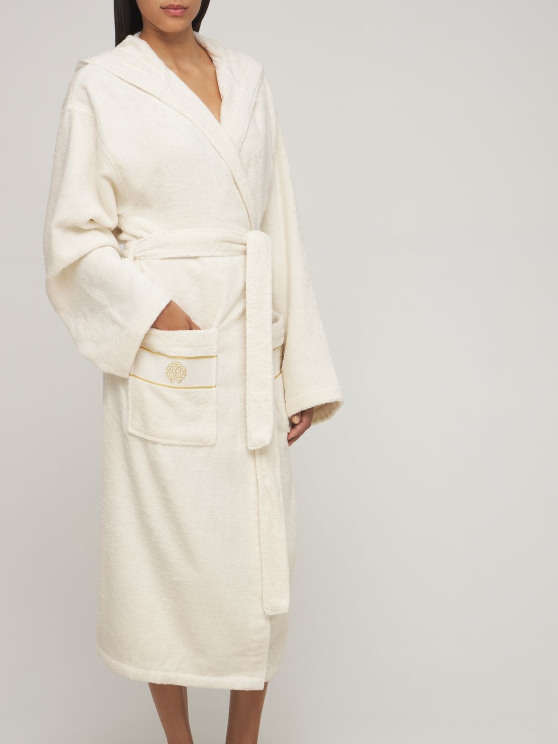 Shop Roberto Cavalli Gold New Hooded Cotton Bathrobe In Ivory