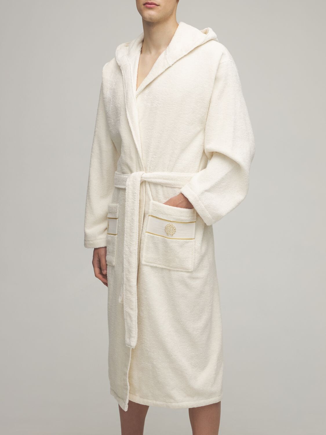 Shop Roberto Cavalli Gold New Hooded Cotton Bathrobe In Ivory