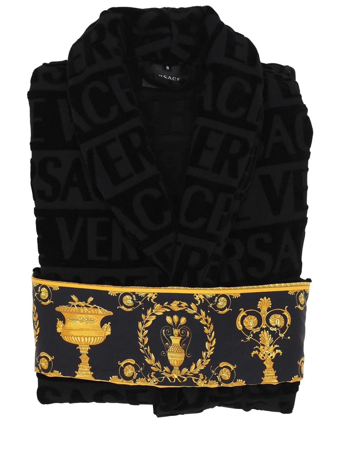 Versace Barocco & Robe Cotton Bathrobe In Black,gold