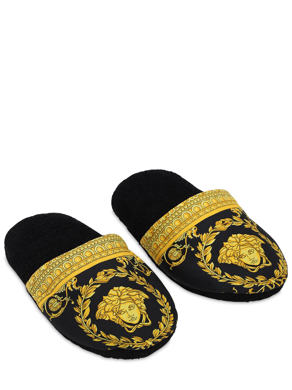 Versace Barocco & Robe Cotton Slippers In Black,gold