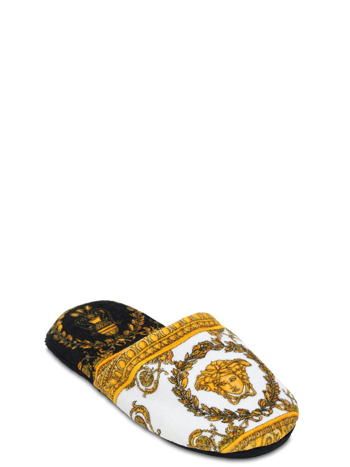 Shop Versace I Heart Baroque Cotton Slippers In Black,gold