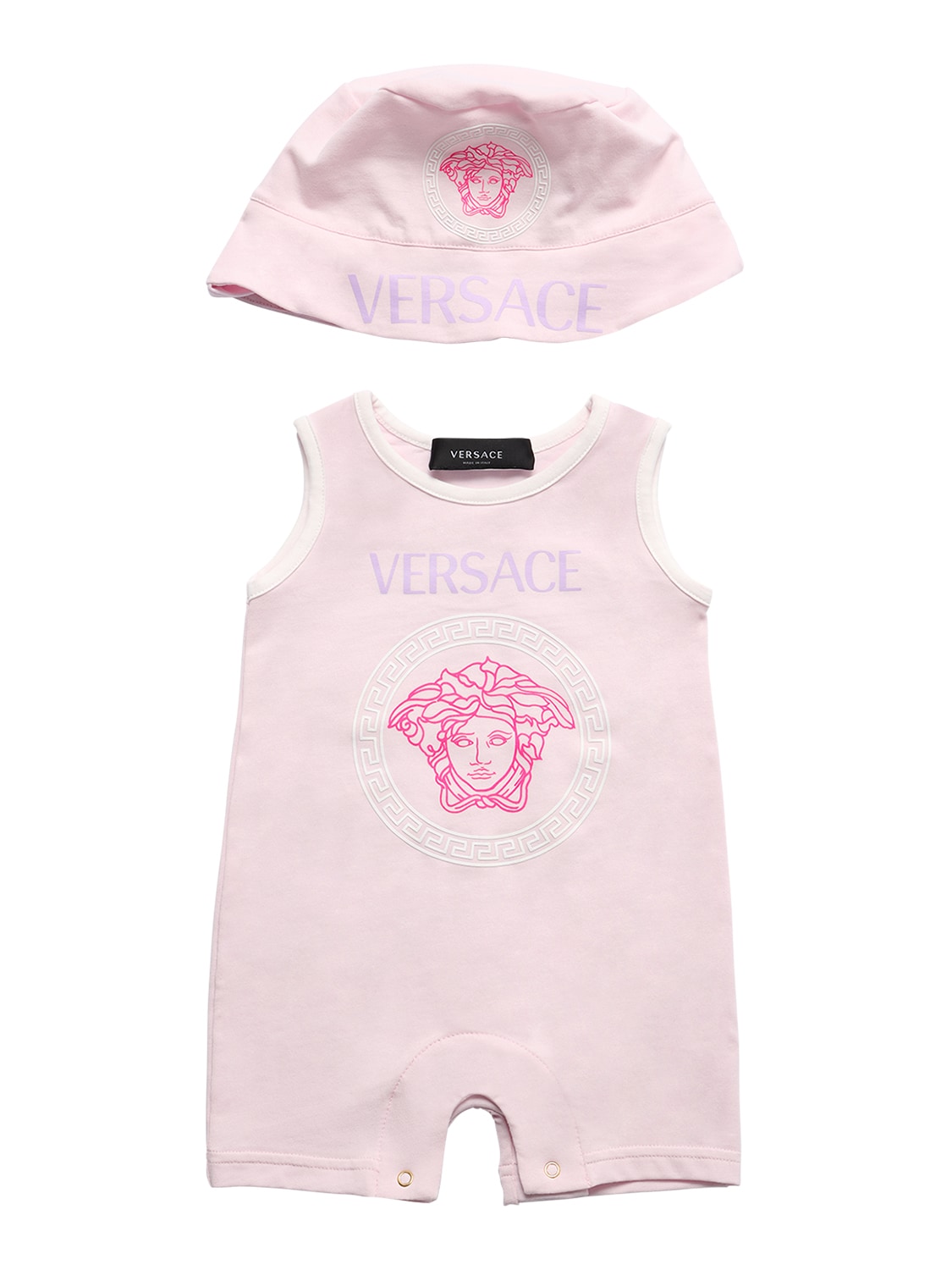 Versace Babies' 印花纯棉平纹针织爬服&帽子 In Pink
