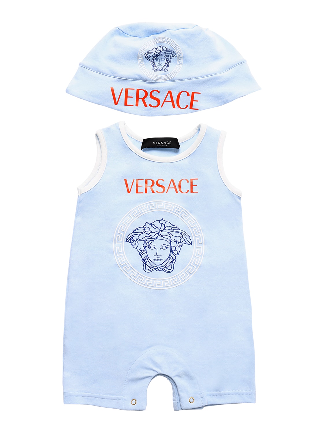 Versace Babies' Printed Cotton Jersey Romper & Hat In Light Blue