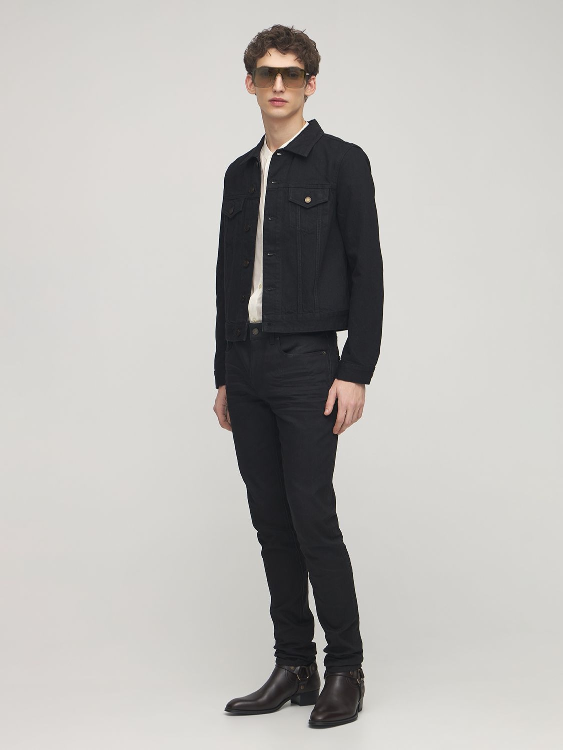 Shop Saint Laurent Fitted Cotton Denim Jacket In Black