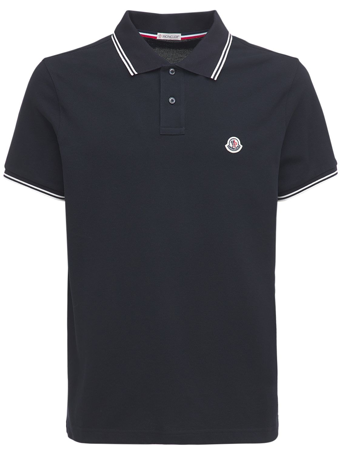 Moncler Logo Striped Cotton Piqué Polo Shirt In Navy