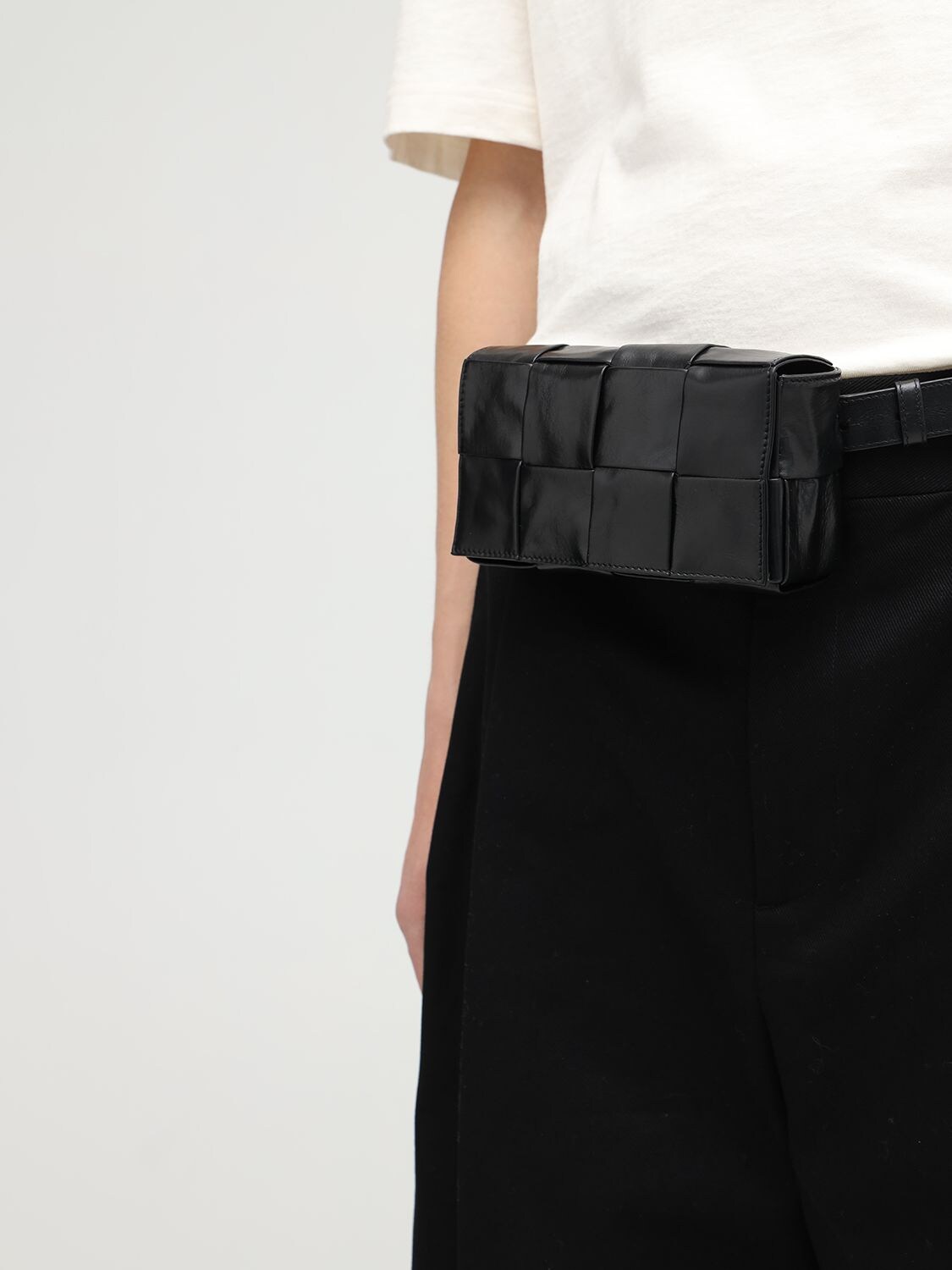 Shop Bottega Veneta Cassette Intreccio Leather Belt Bag In Black
