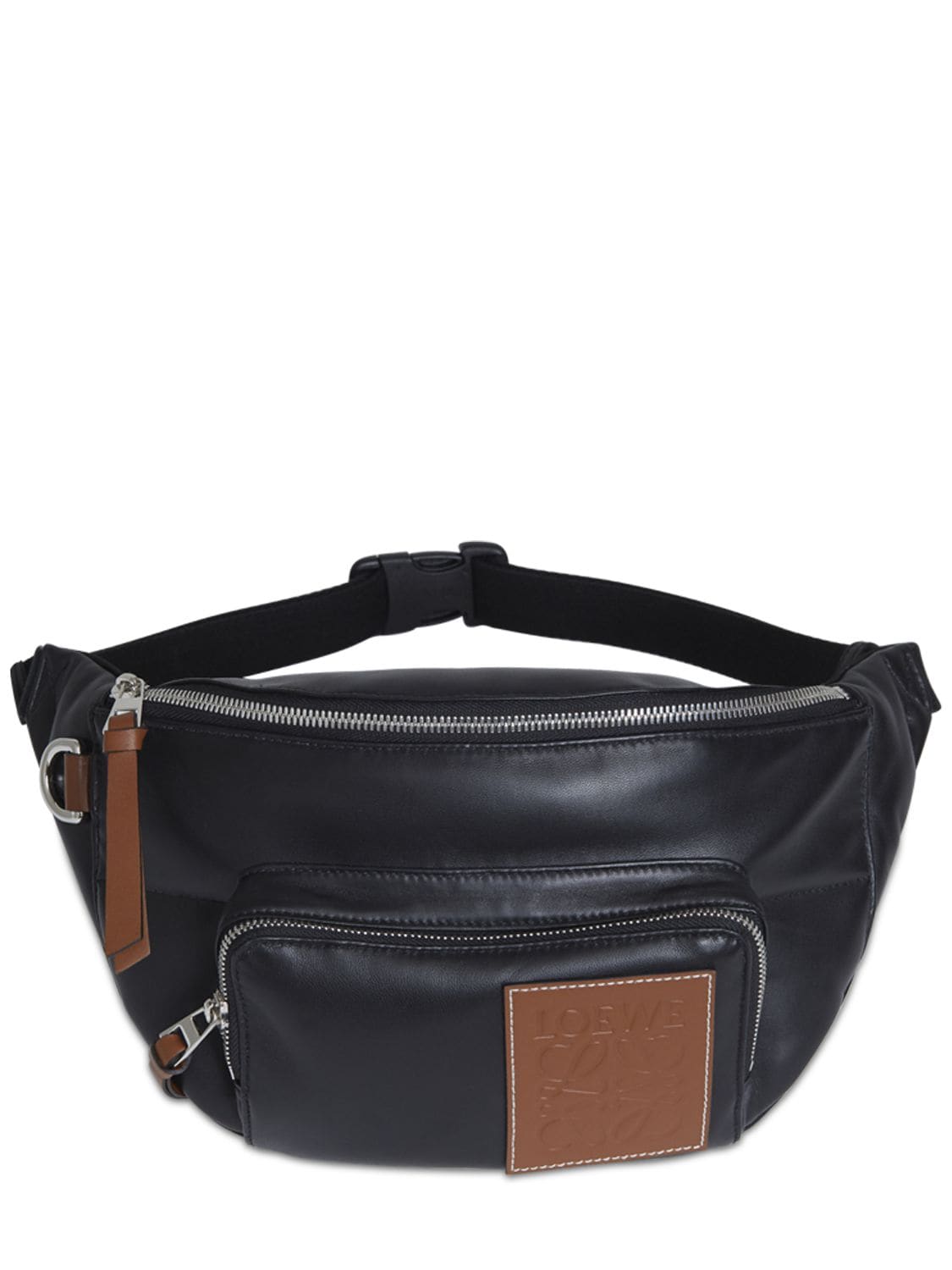 Loewe Leather & Nylon Canvas Belt Bag In Black,pecan