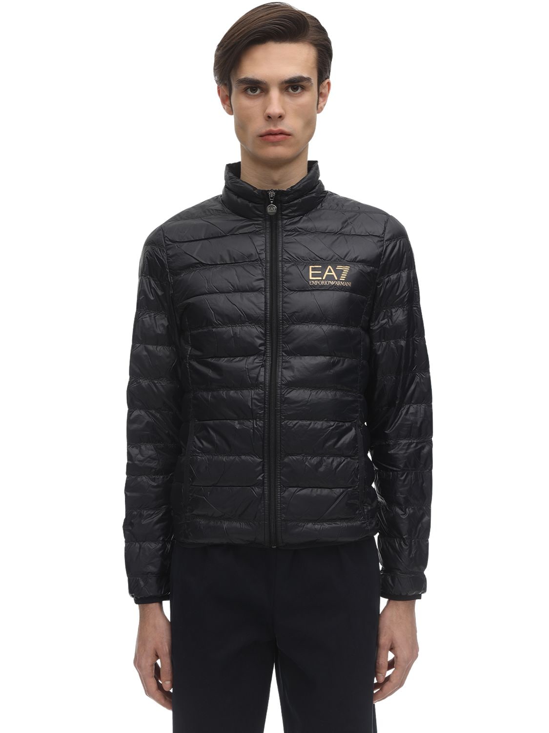 Ea7 Core Identity Packable Nylon Down Jacket In Black,gold