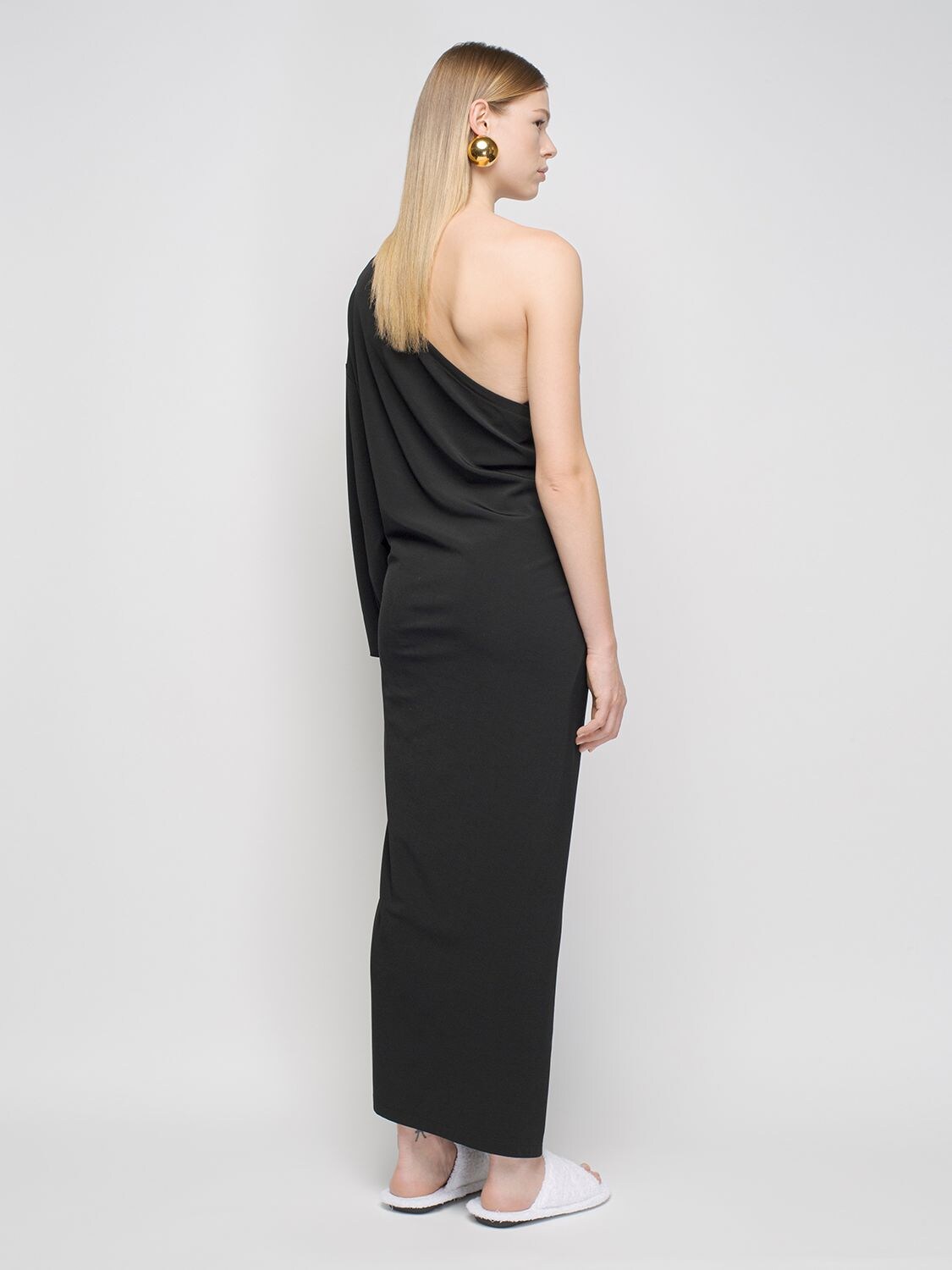 One-sleeve Asymmetric Jersey Wrap Midi Dress In Black
