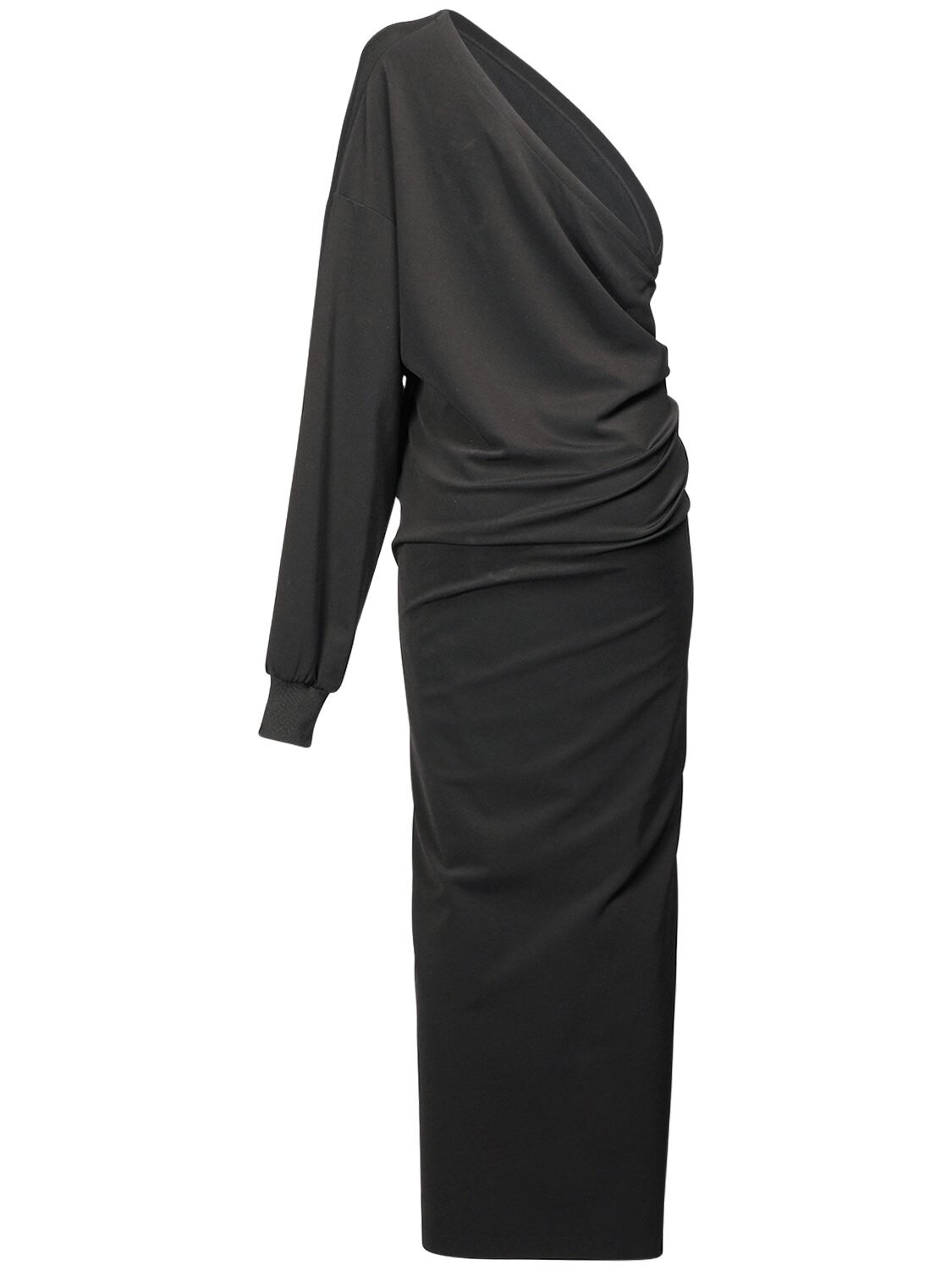 One-sleeve Asymmetric Jersey Wrap Midi Dress In Black One-sleeve Asymmetric Jersey Wrap Midi Dress In Black