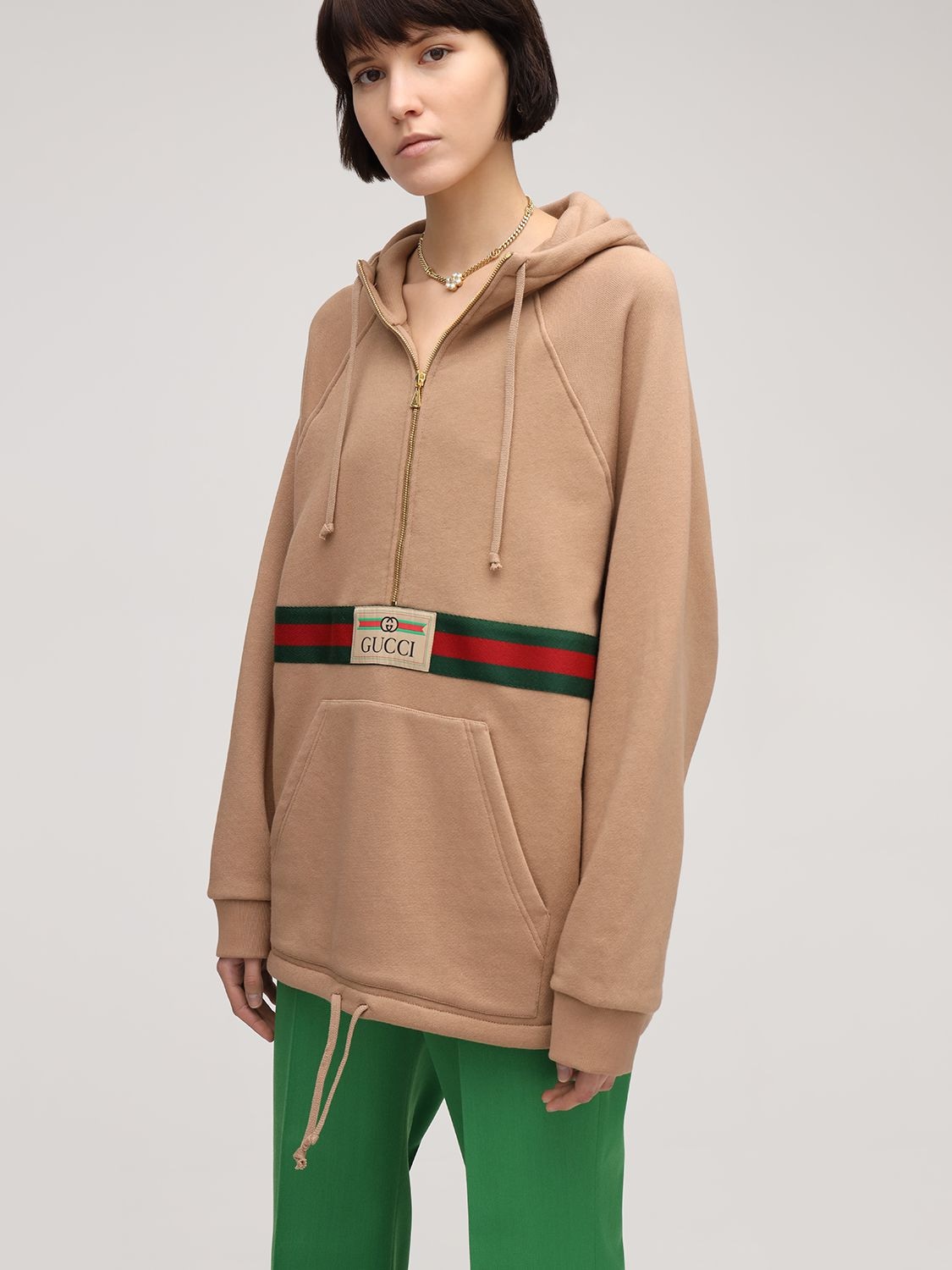 Shop Gucci Logo Cotton Jersey Hoodie W/ Front Zip In Light Brown