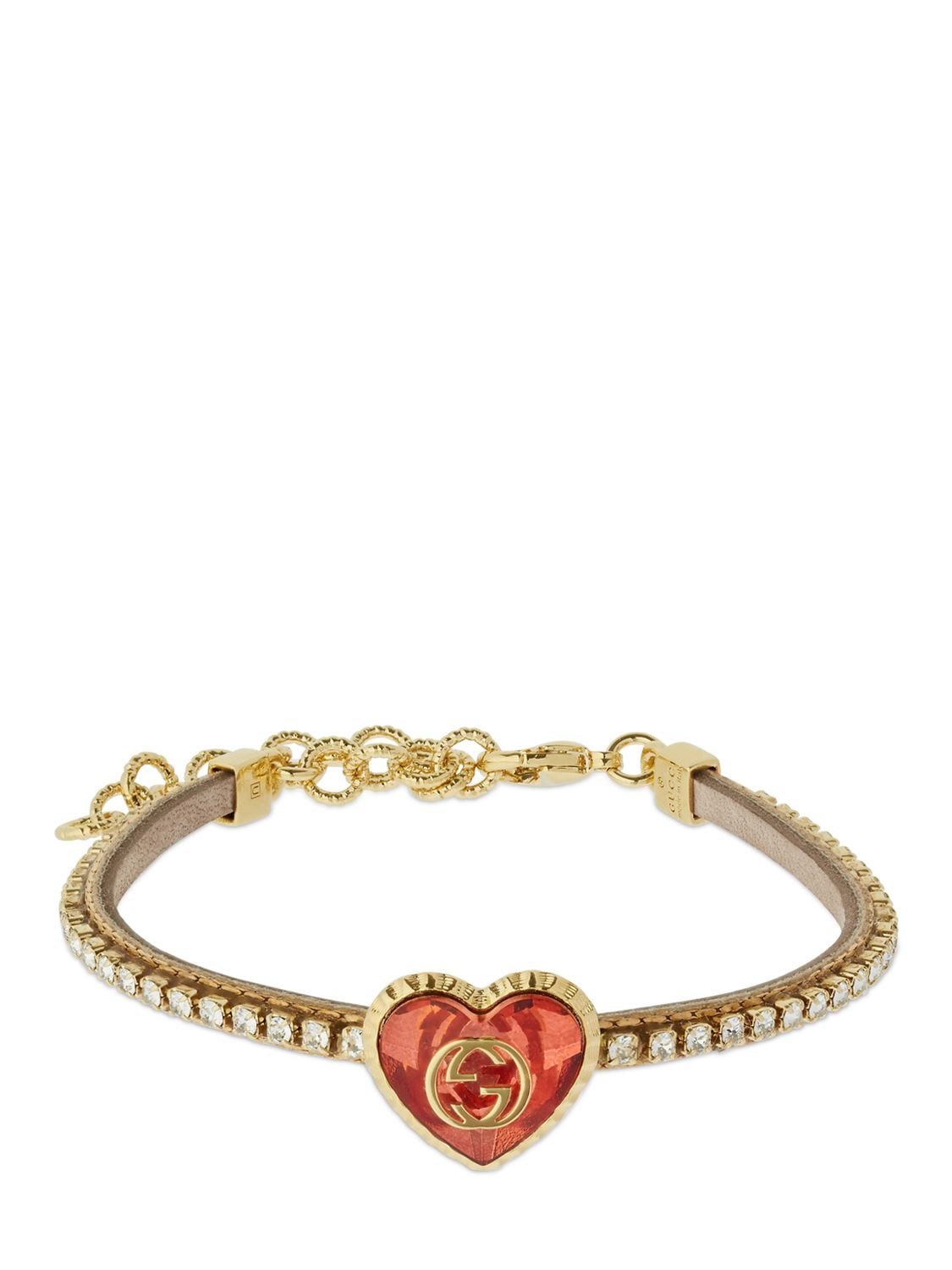 Gucci G & Crystal Heart Leather Bracelet In Pink,red