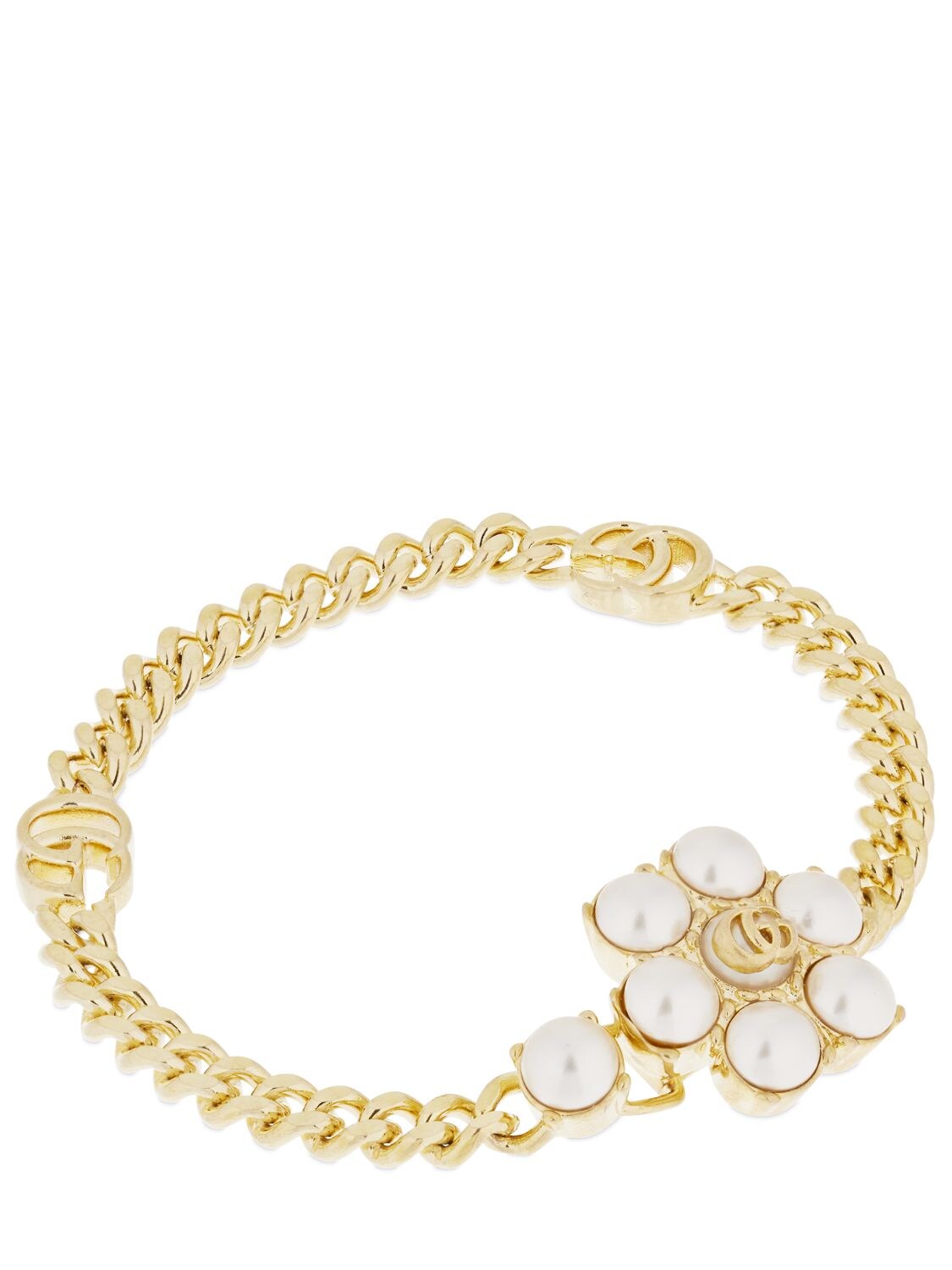Shop Gucci Gg Marmont & Faux Pearl Chain Bracelet In Gold,white