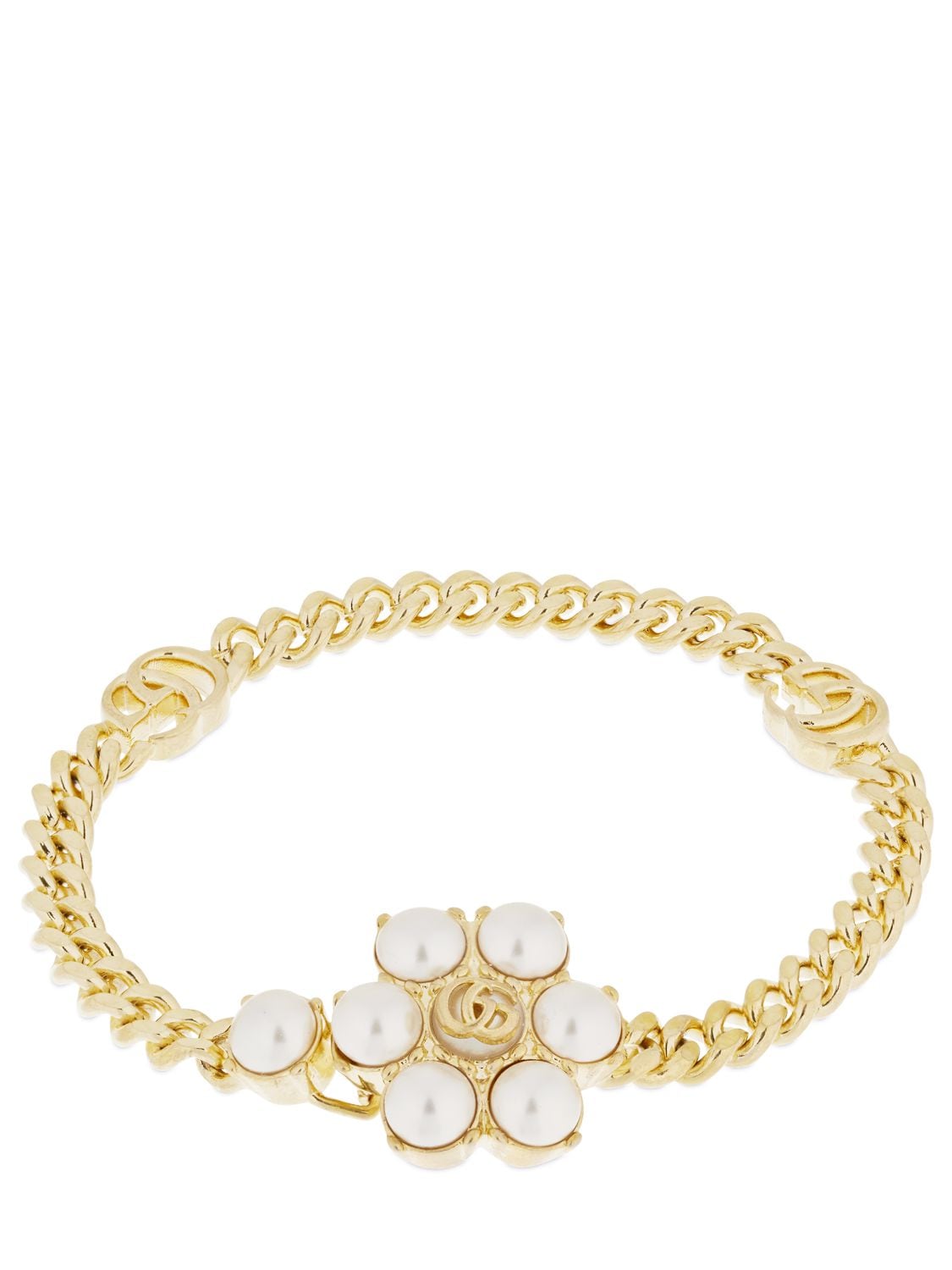 Gucci Gg Marmont & Faux Pearl Chain Bracelet In Gold,white