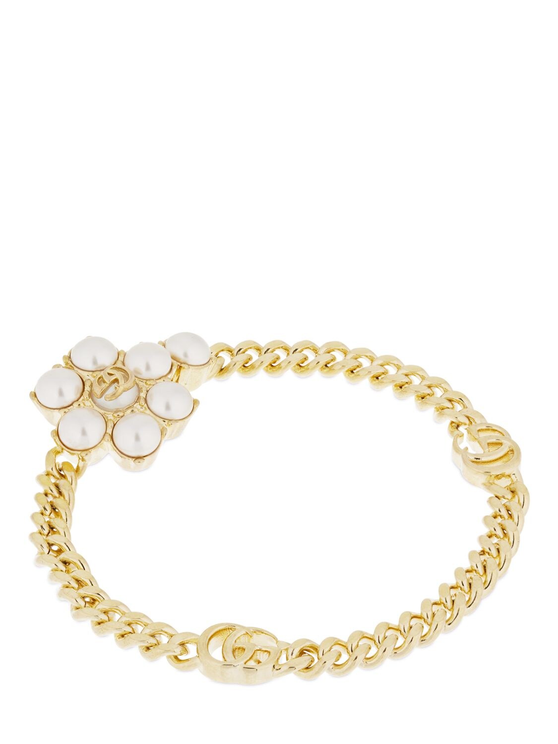 Shop Gucci Gg Marmont & Faux Pearl Chain Bracelet In Gold,white