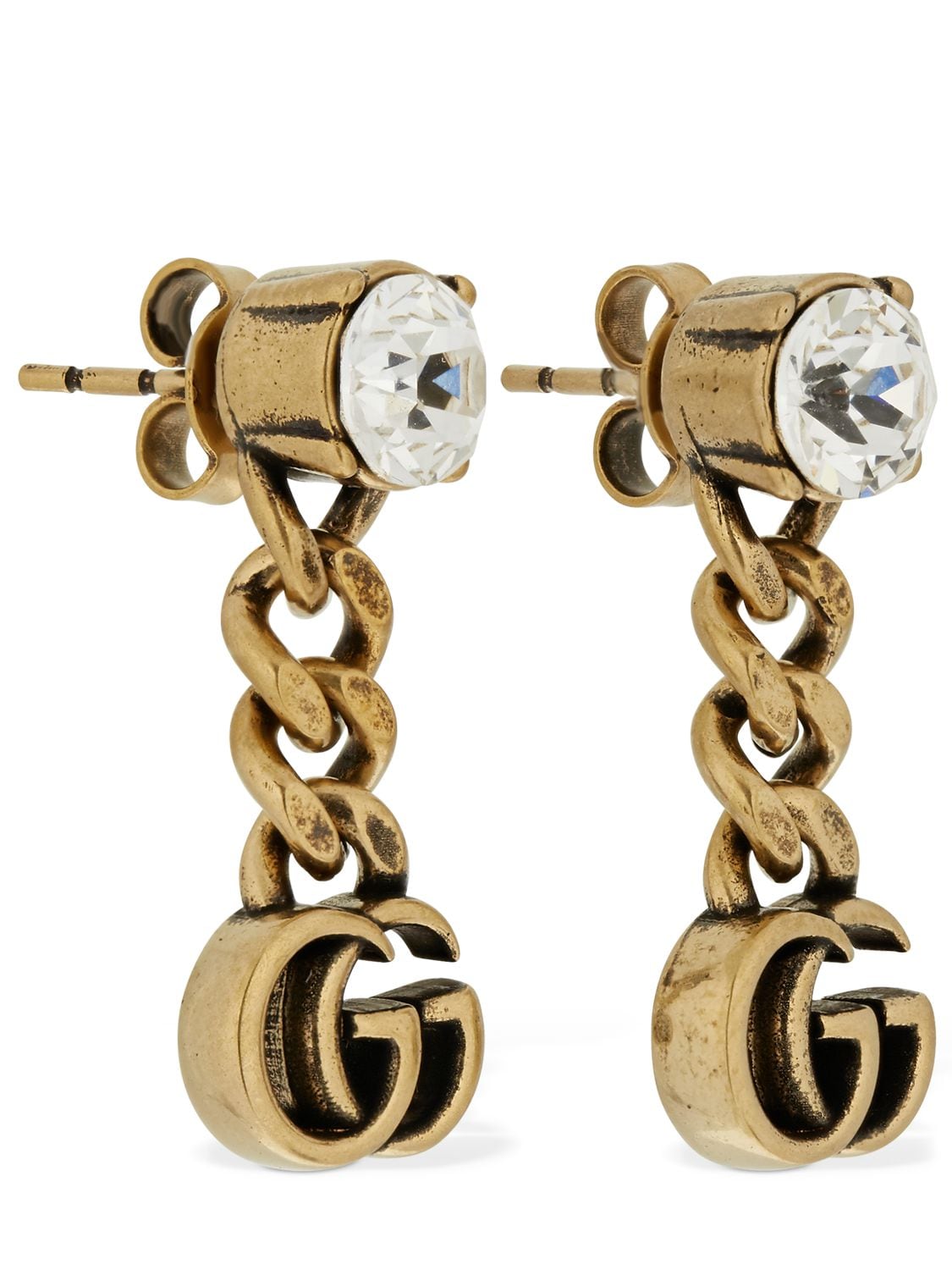 Shop Gucci Gg Marmont Drop Earrings W/ Crystal In Gold,crystal