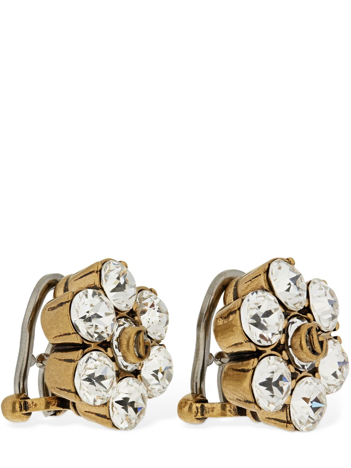 Shop Gucci Gg Marmont Stud Earrings W/ Crystal In Gold,crystal