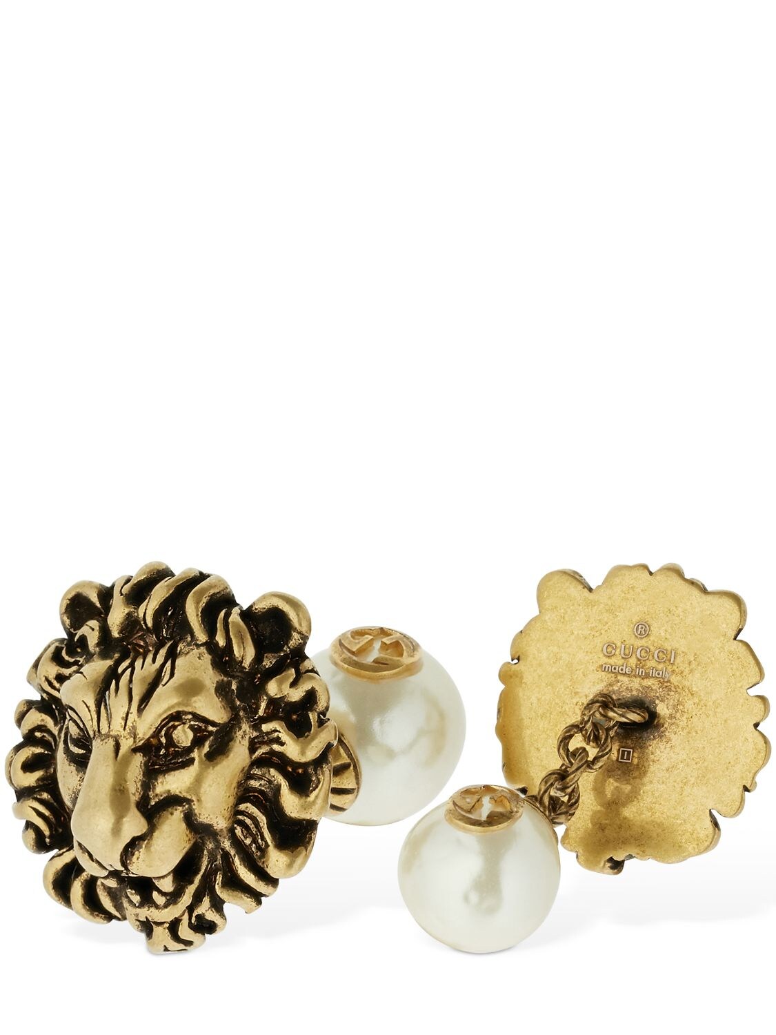 Gucci Lion Head Motif Cufflinks W/ Faux Pearl In Gold,white