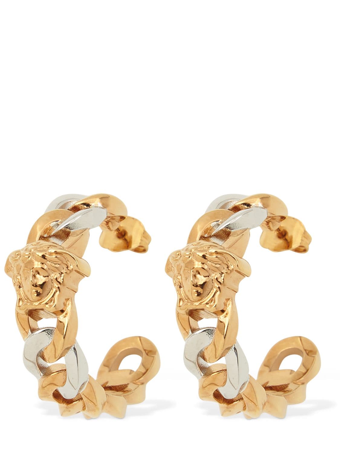 Versace Medusa Bicolor Chained Hoop Earrings In Gold,silver