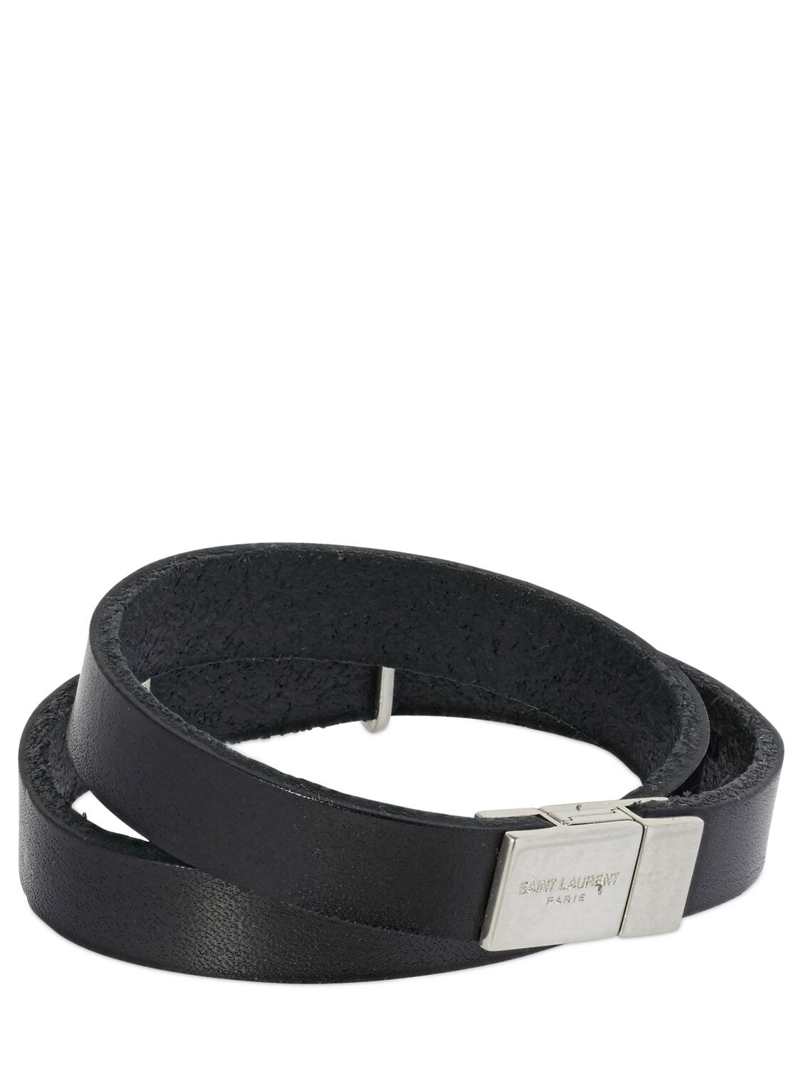 Shop Saint Laurent Double Wrap Ysl Leather Bracelet In Black