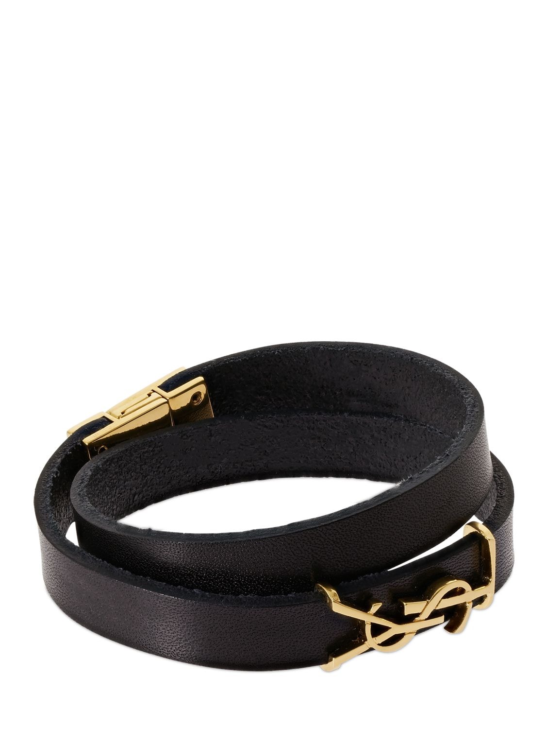 Shop Saint Laurent Ysl Opyum Double Wrap Leather Bracelet In Black