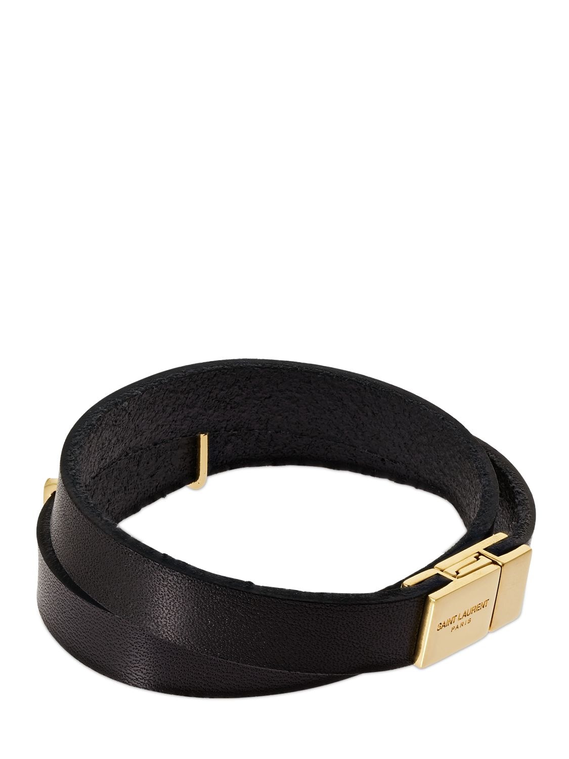 Shop Saint Laurent Ysl Opyum Double Wrap Leather Bracelet In Black