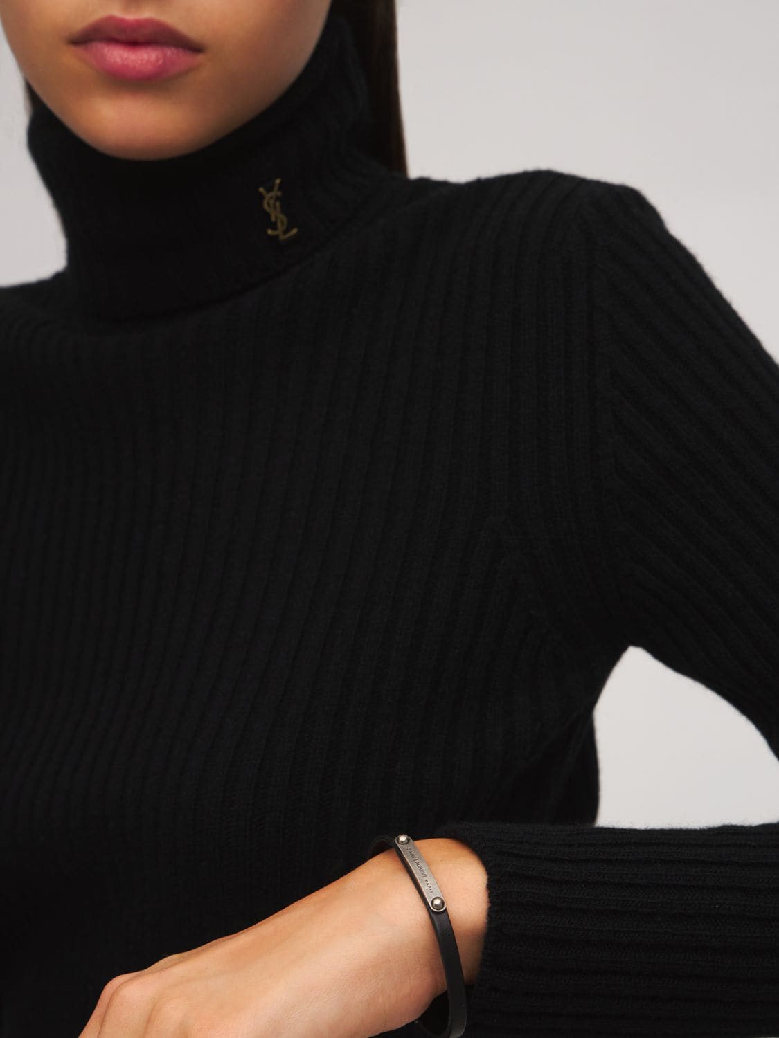 Shop Saint Laurent Ysl Logo Tag Leather Bracelet In Black