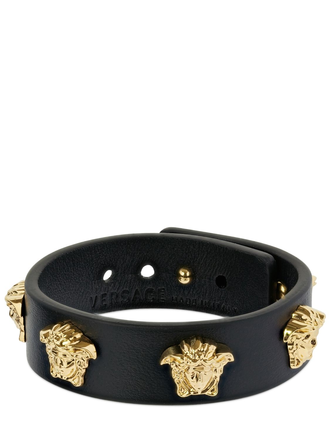 Versace Leather Medusa Bracelet In Black,gold