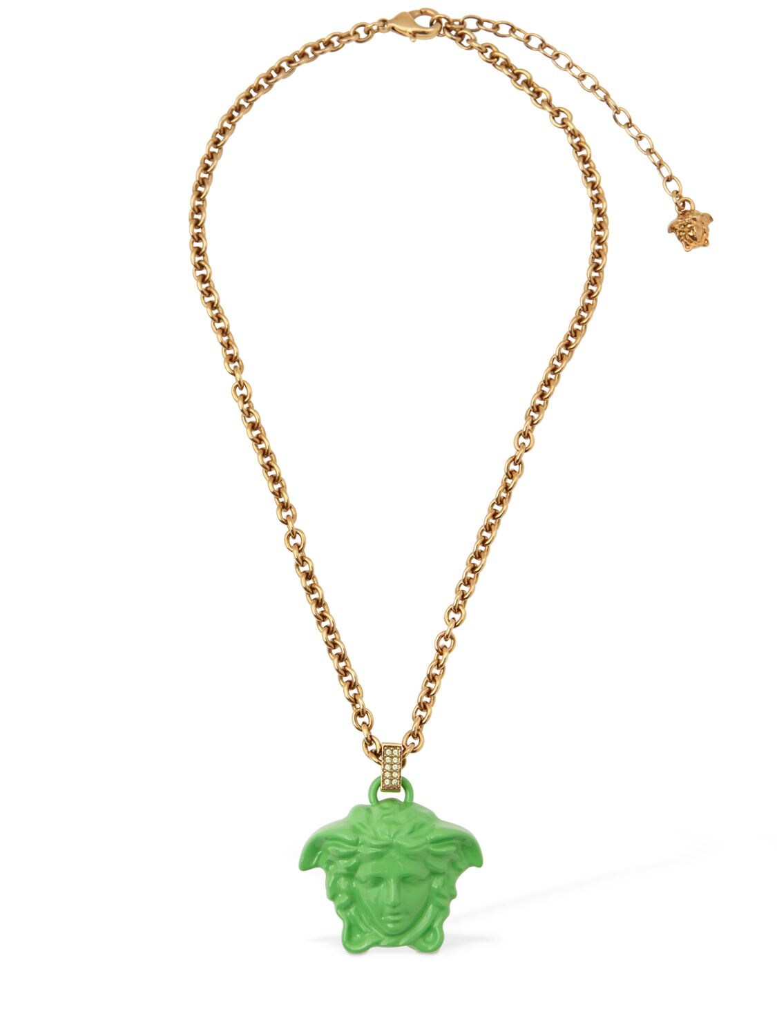 Versace Varnished Medusa Charm Necklace In Gold,green