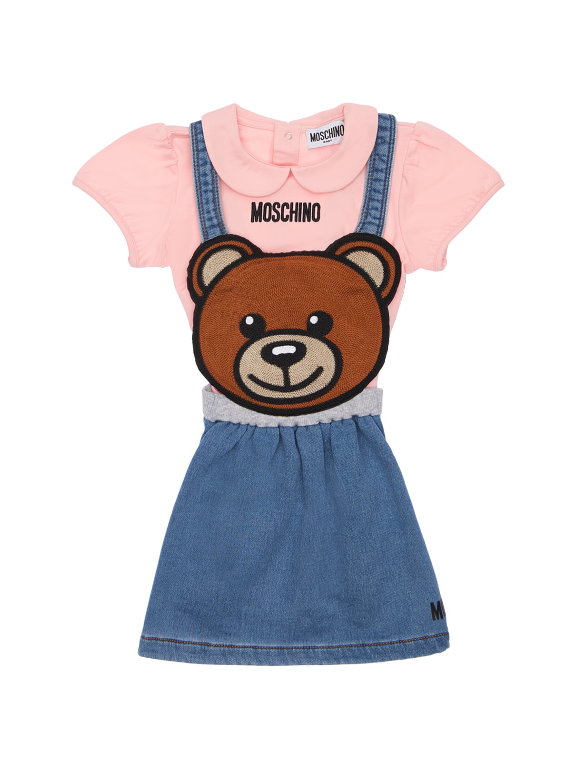 Moschino Kids' Polo & Denim Effect Dress W/ Suspenders In Pink,denim