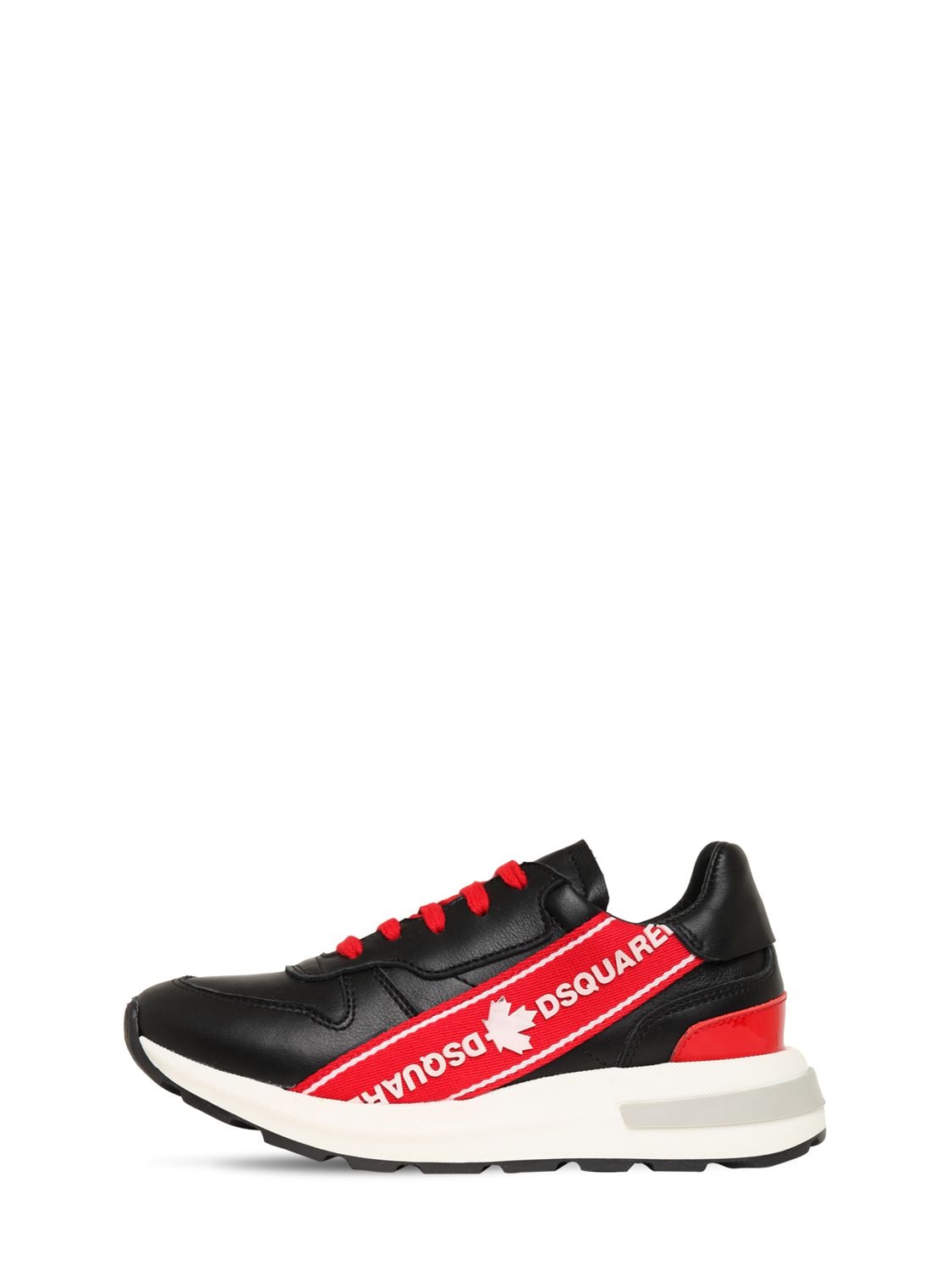 Dsquared2 Kids' Leather Lace-up Sneakers W/ Logo In Black,red