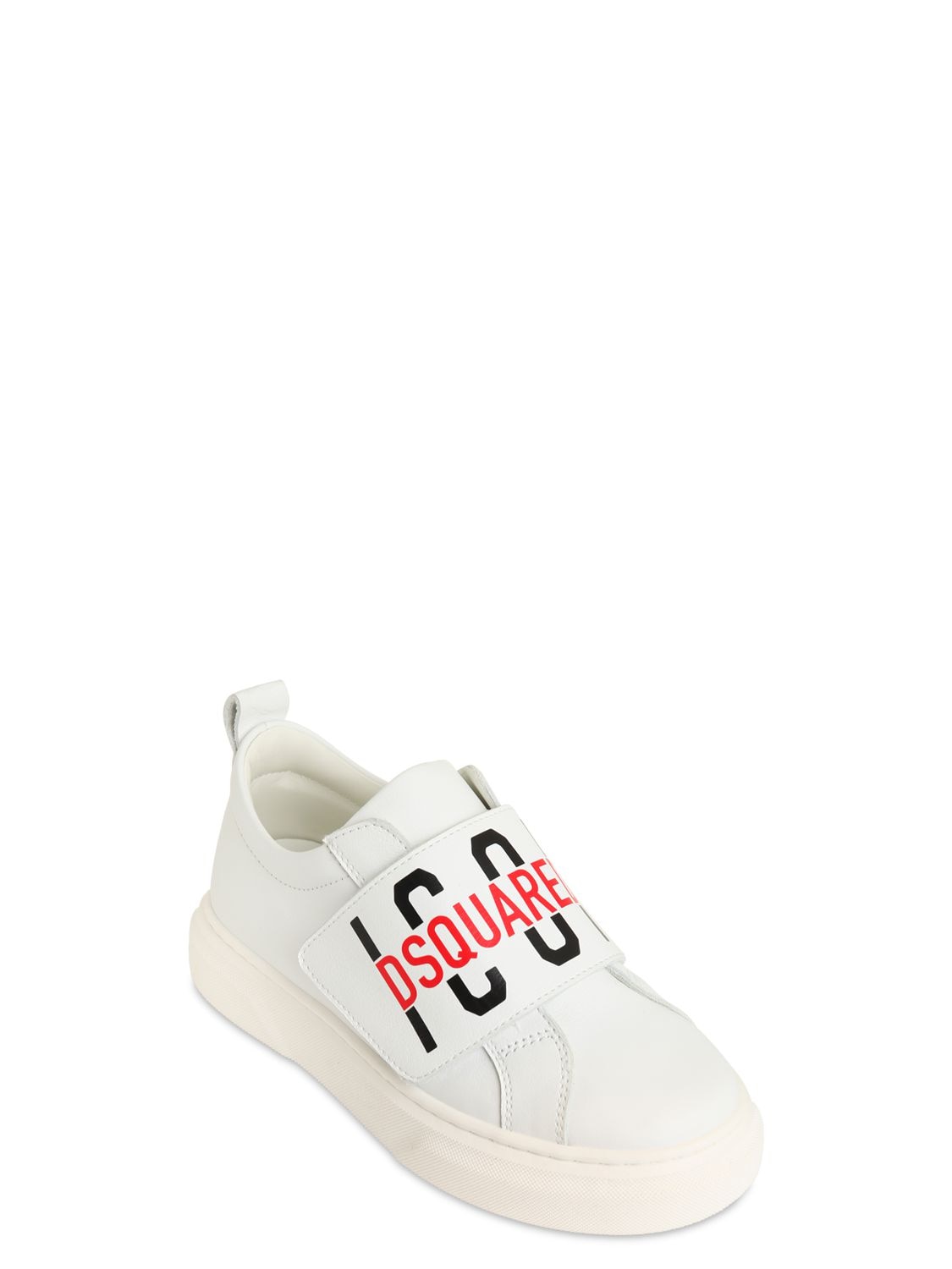 Dsquared2 Kids' Icon Print Leather Strap Sneakers In White