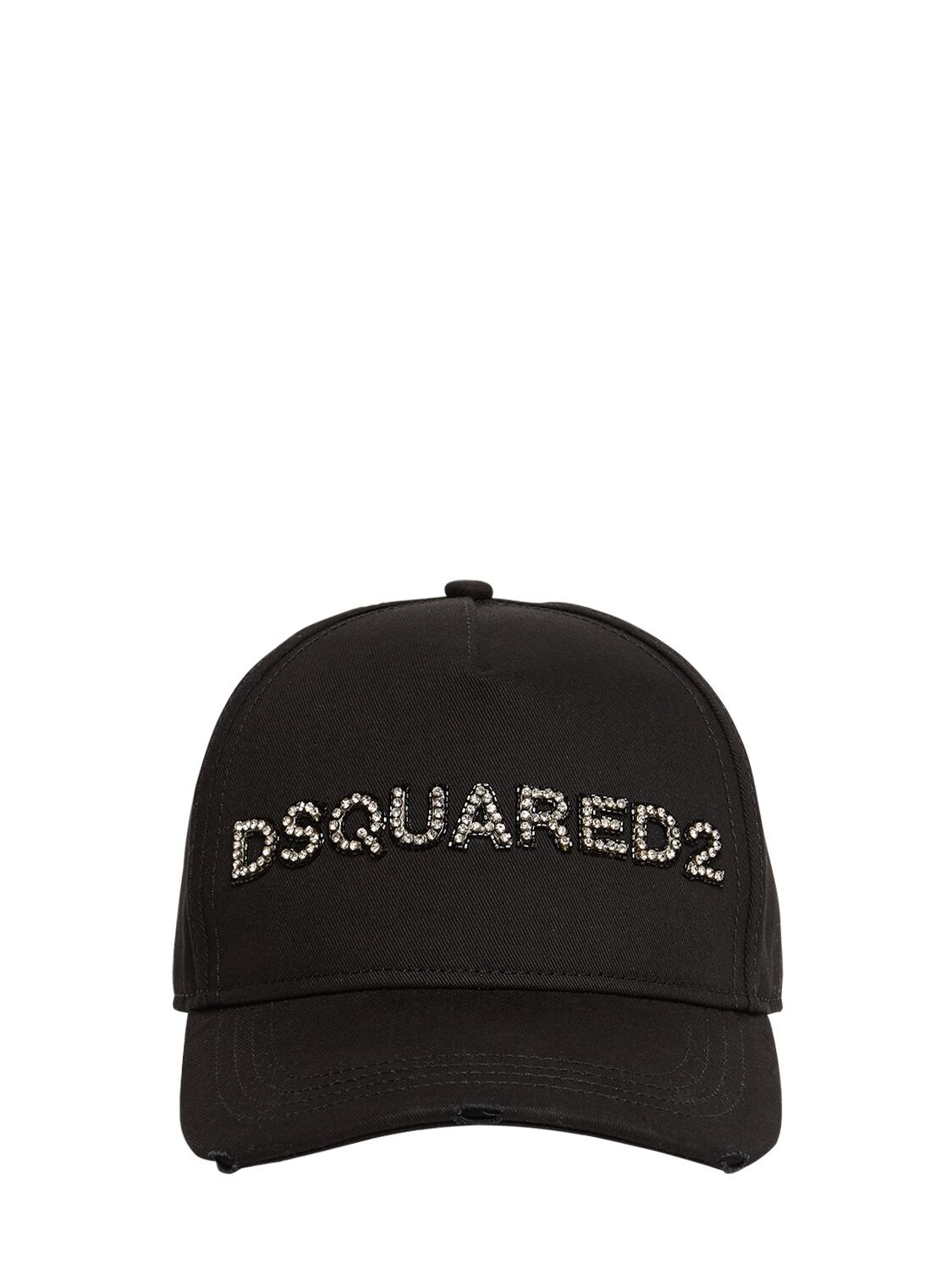 Dsquared2 Solid Color Cap With Rhinestone Embellished Logo In Nero,crystal