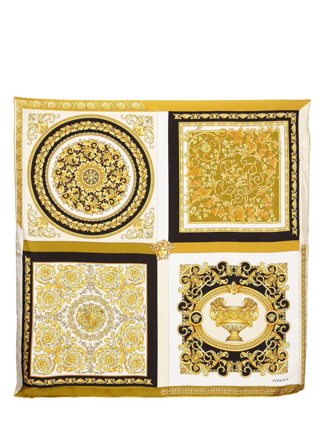 Versace Printed Silk Twill Scarf In Gold,black ModeSens