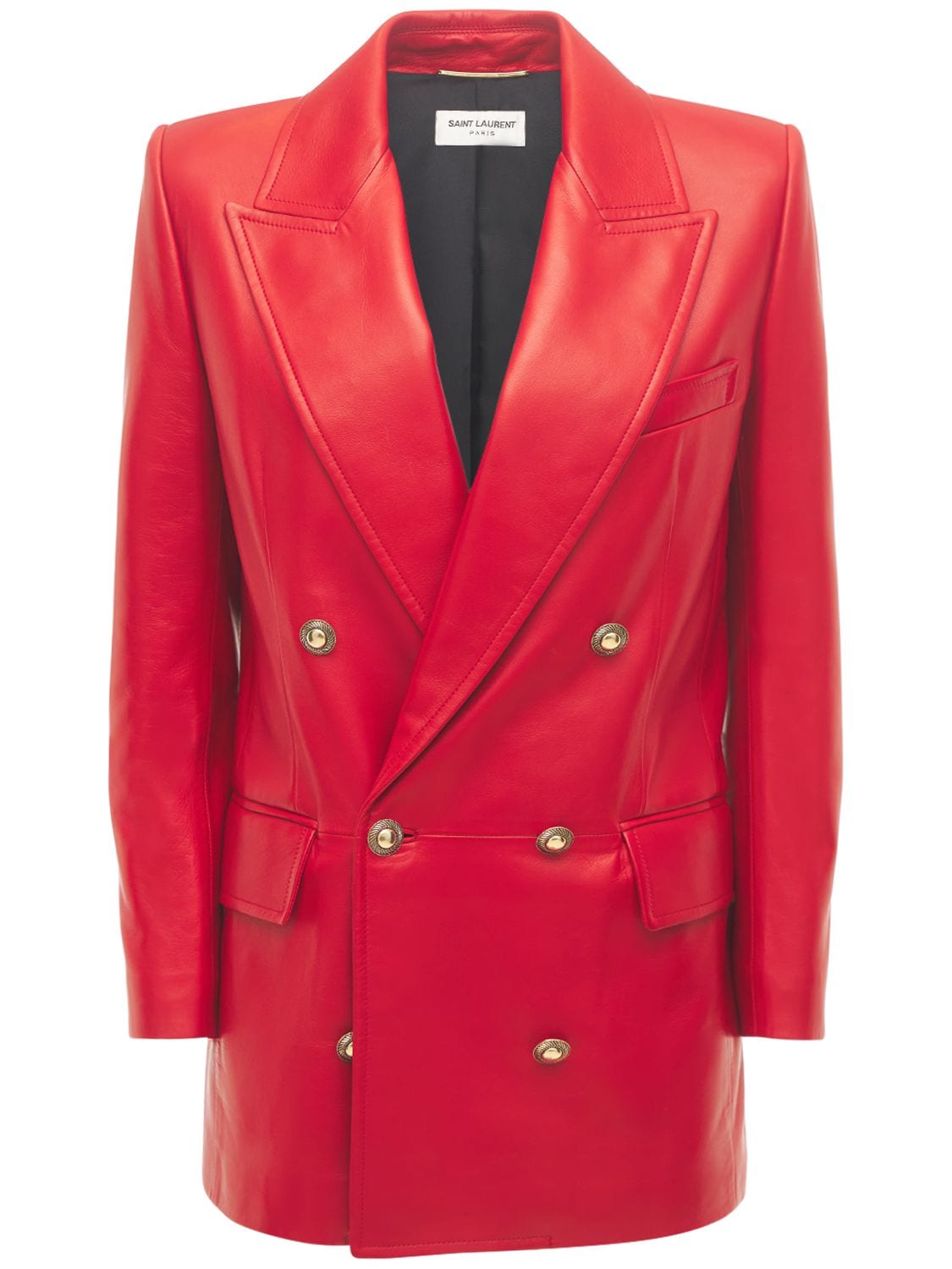Saint Laurent Long Double Breasted Leather Jacket In Red