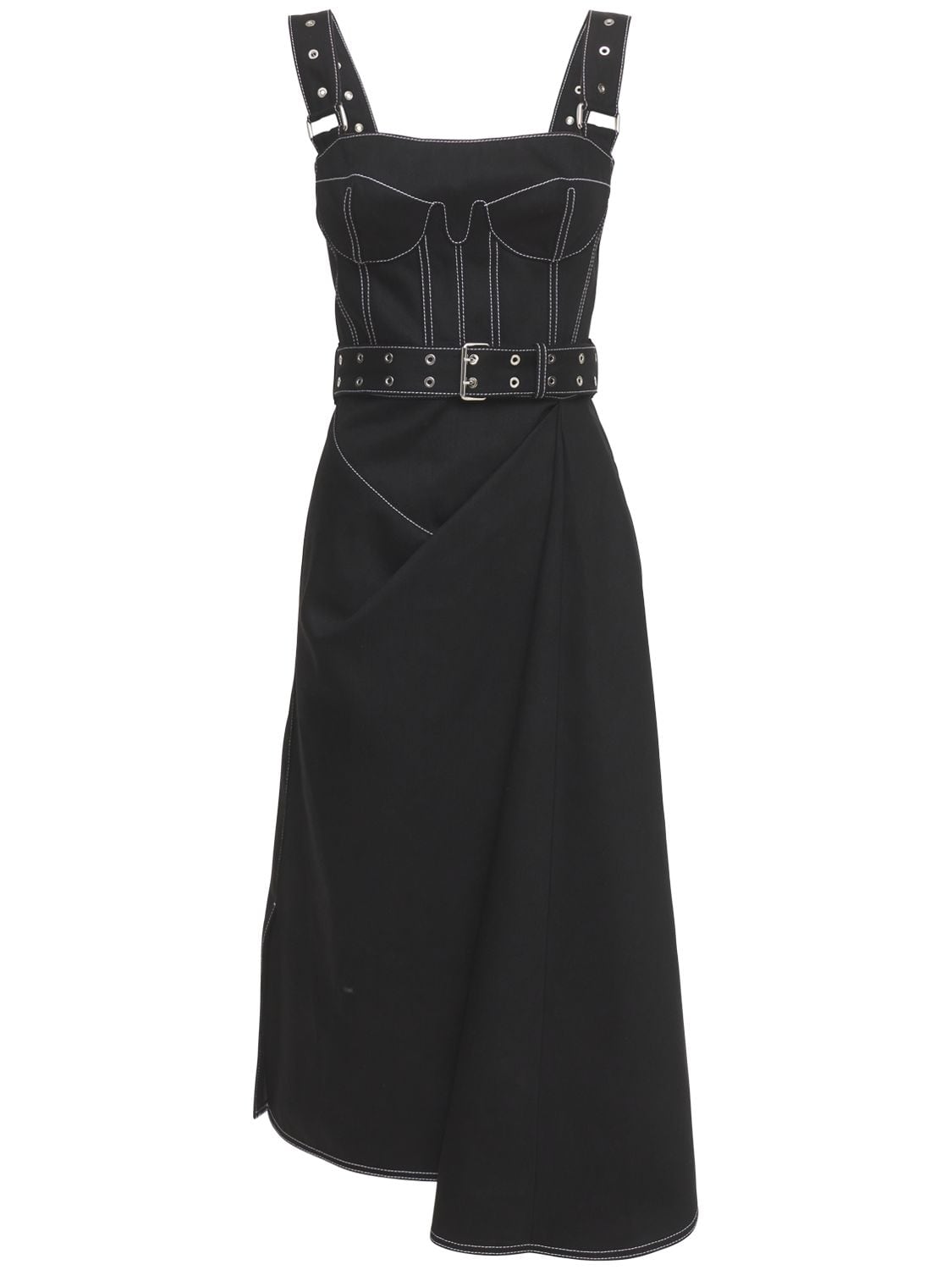 Alexander Mcqueen Bustier Stitched Draped Denim Midi Dress In Black ...