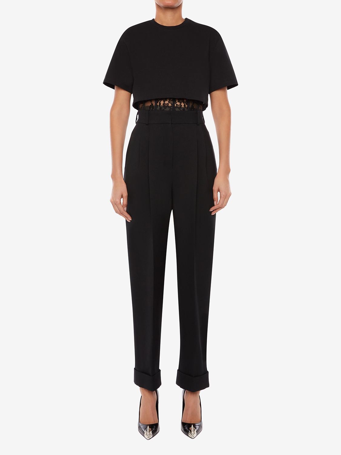 Shop Alexander Mcqueen Cotton Jersey T-shirt W/ Lace Details In Black