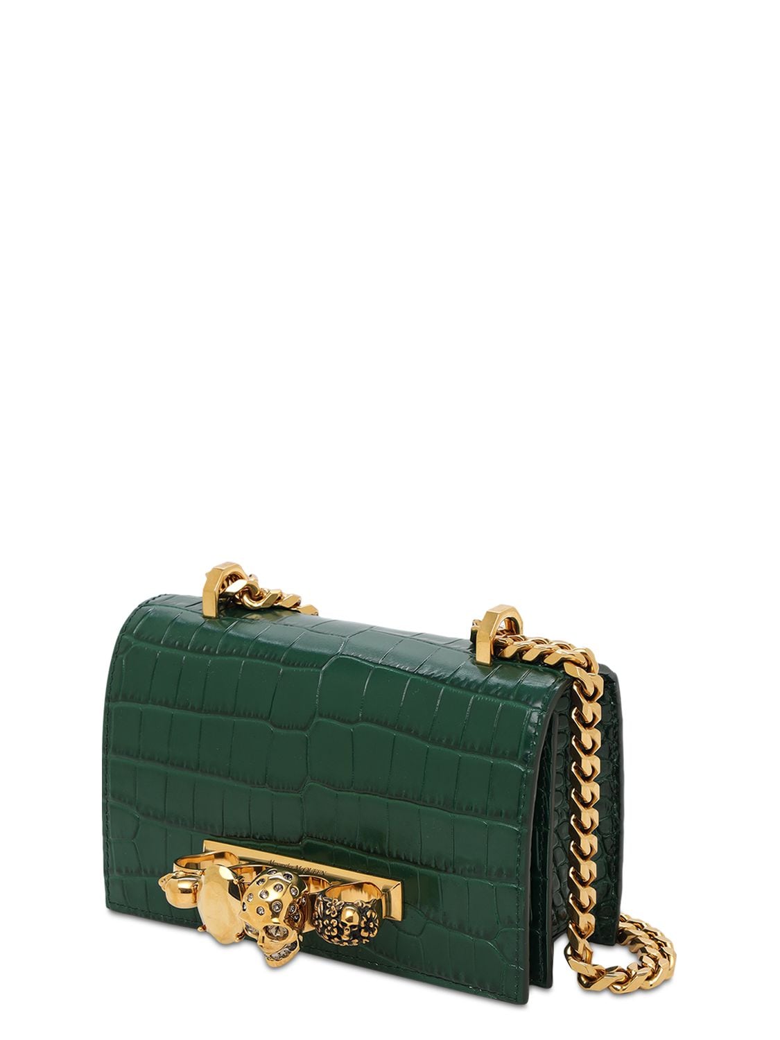 Shop Alexander Mcqueen Mini Jeweled Croc Embossed Shoulder Bag In Emerald