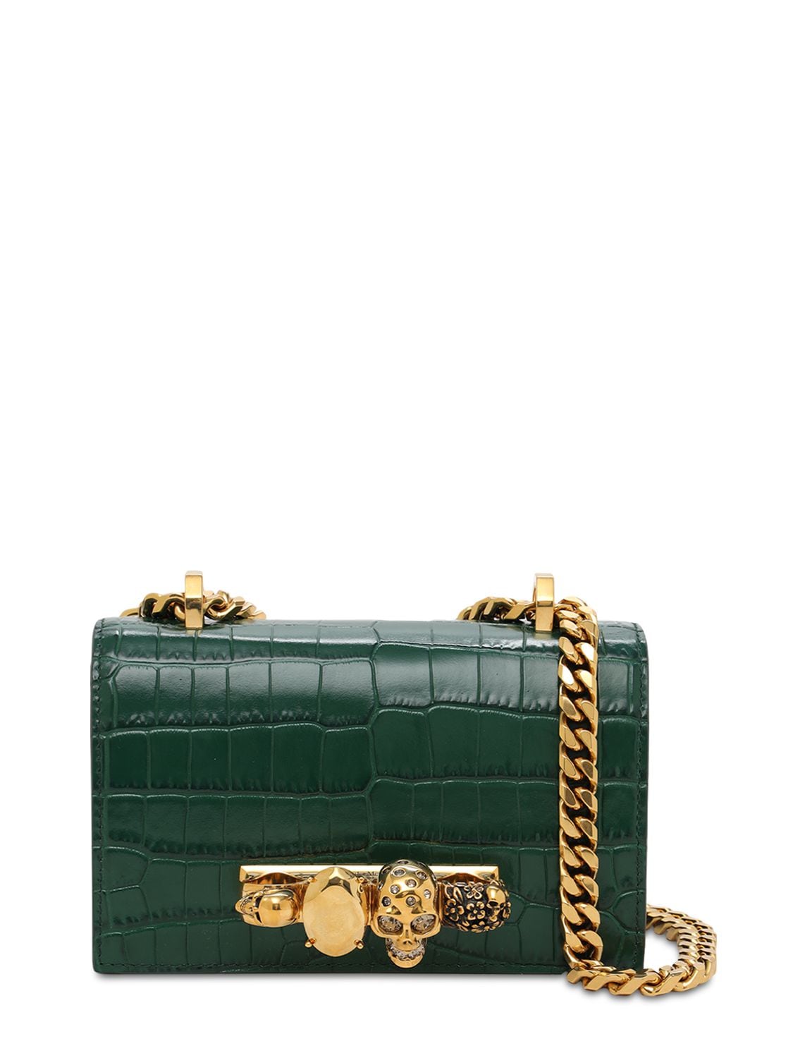Alexander Mcqueen Mini Jeweled Croc Embossed Shoulder Bag In Emerald