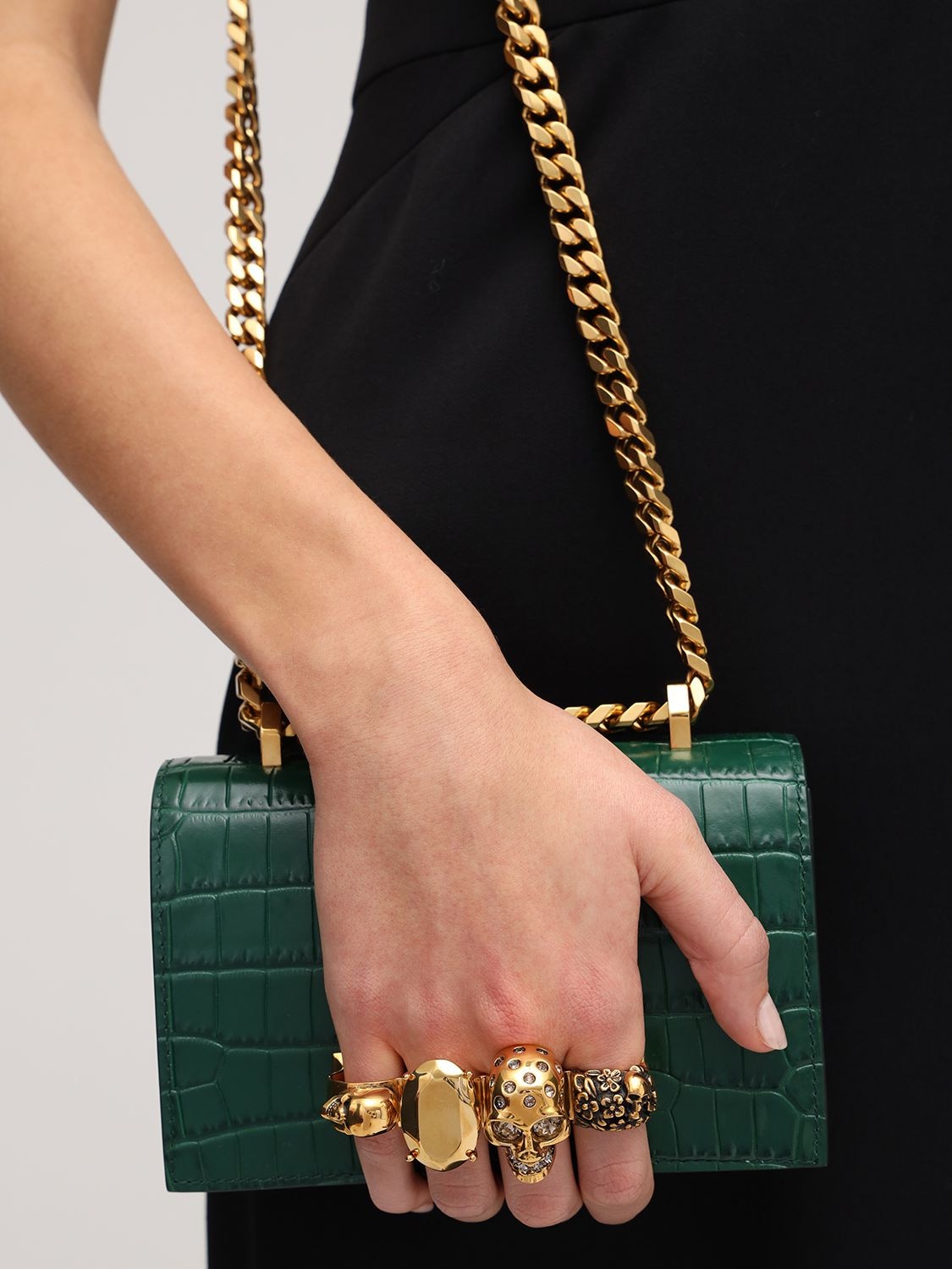 Shop Alexander Mcqueen Mini Jeweled Croc Embossed Shoulder Bag In Emerald